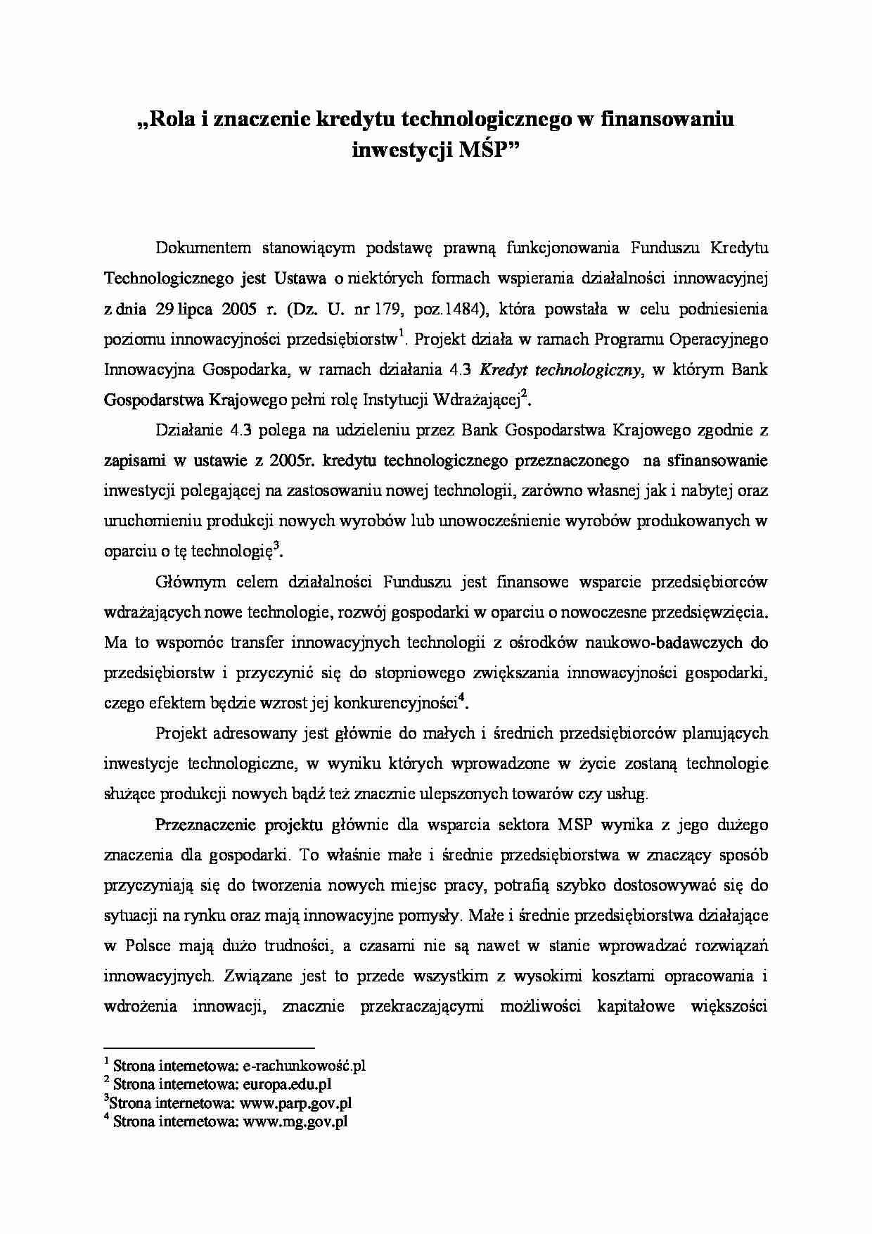 Rola i znaczenie kredytu technologicznego w finansowaniu inwestycji MŚP - strona 1