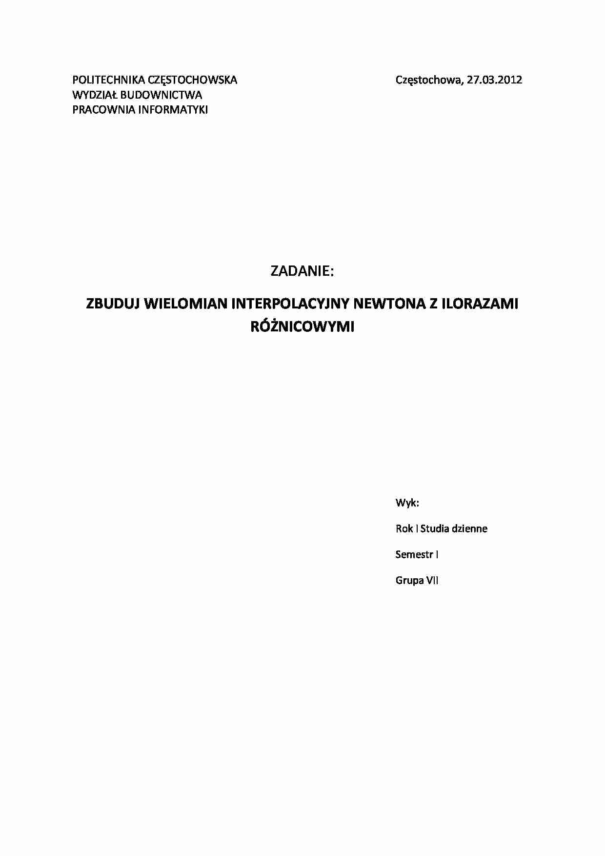 Wielomian interpolacyjny Newtona z ilorazami różnicowymi - strona 1
