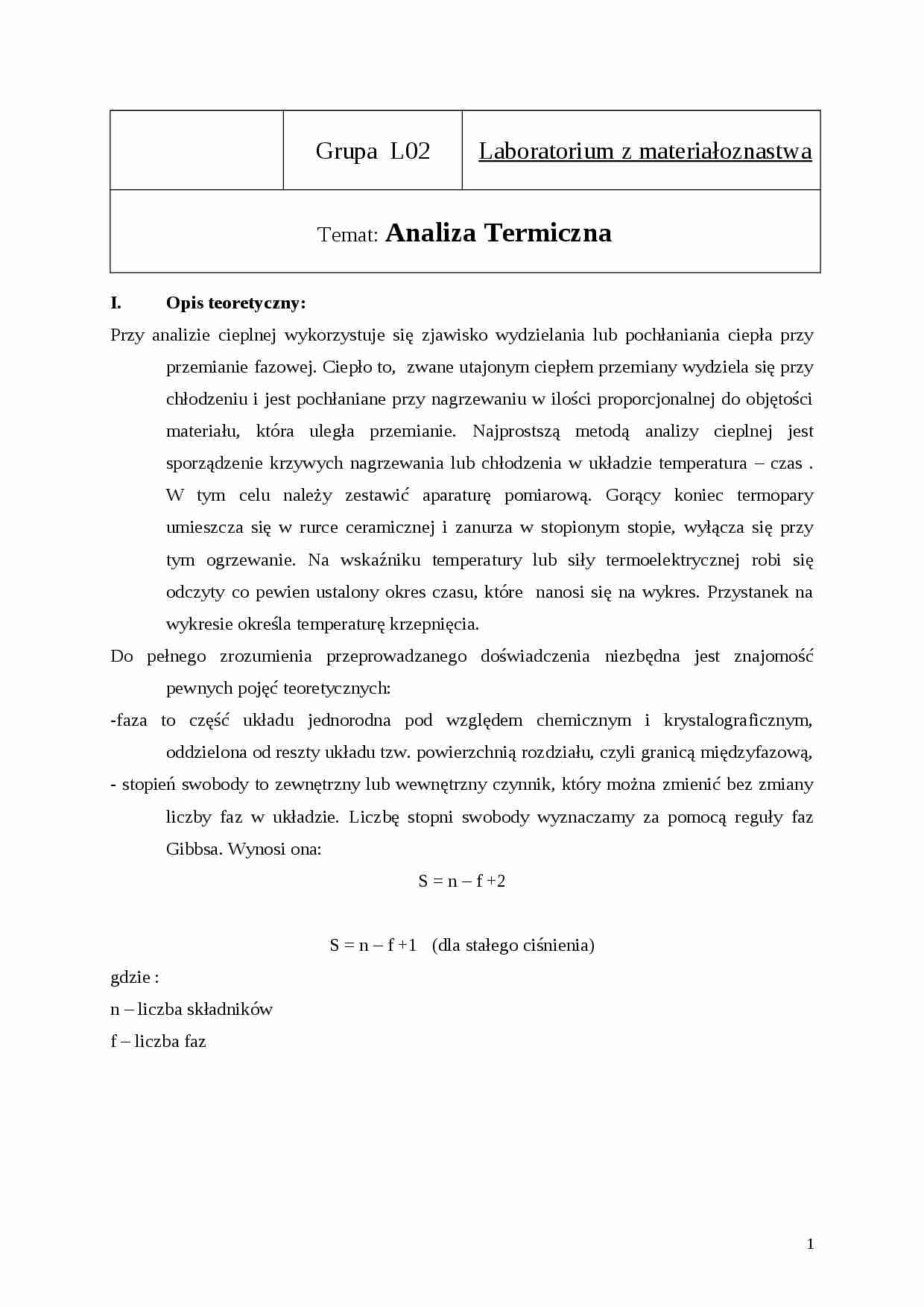 Techniki wytwarzania - Analiza Termiczna - strona 1