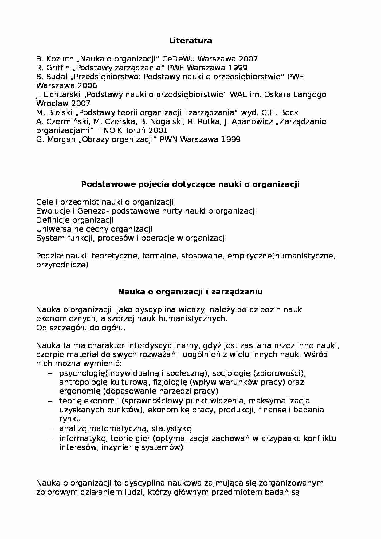 Nauka o organizacji- wykłady - strona 1