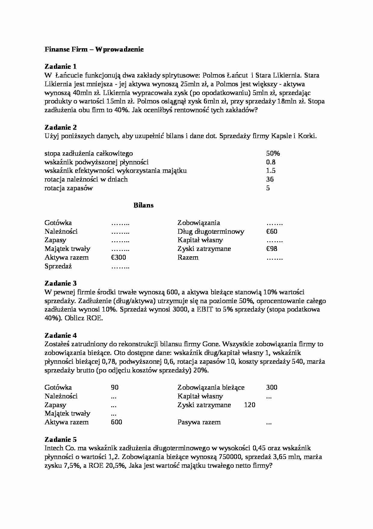 Zadania - finanse przedsiębiorstw - strona 1