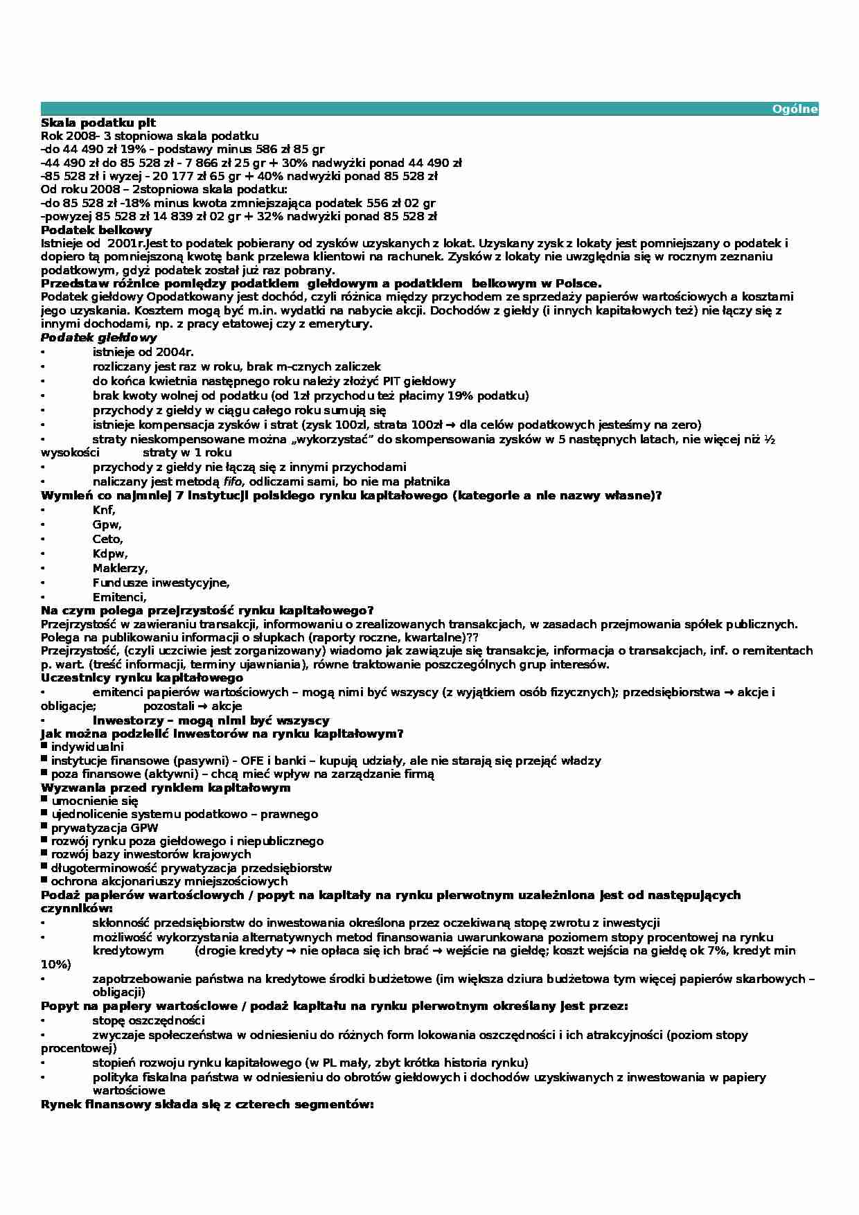 Opracowane pytania (zagadnienia: rynek kapitałowy) - strona 1