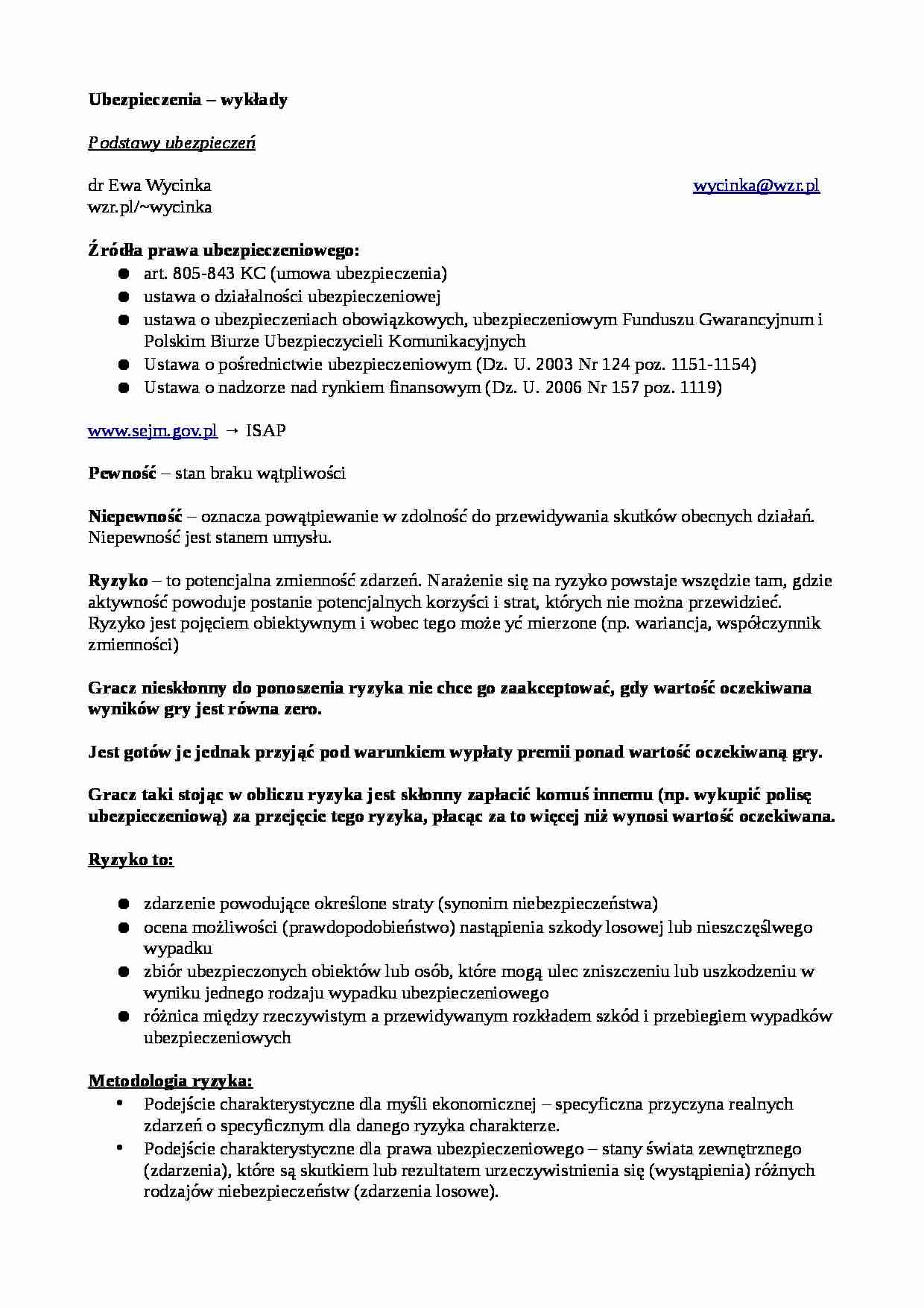Ubezpieczenia - wykład - strona 1