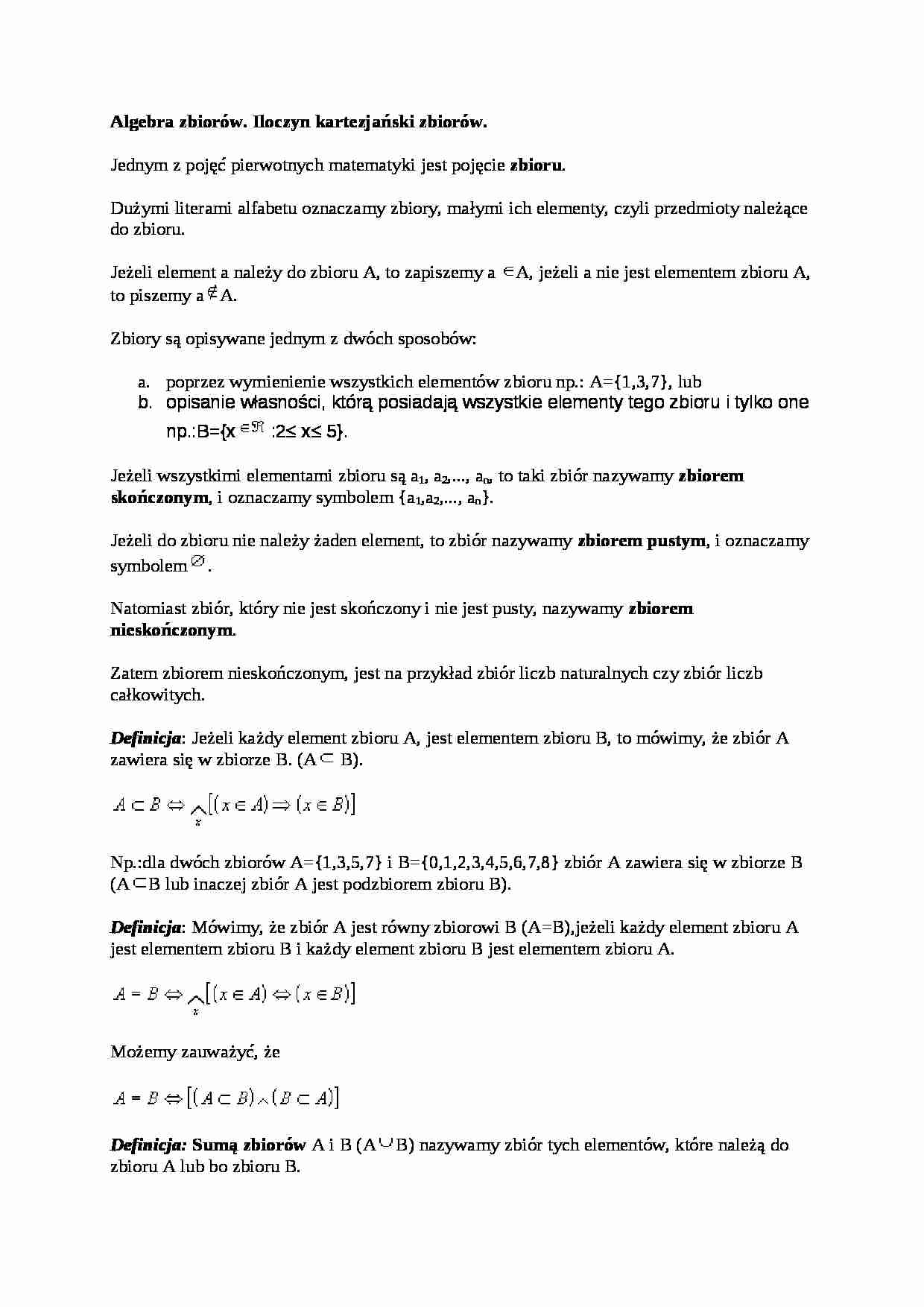 Algebra zbiorów. Iloczyn kartezjański zbiorów - strona 1