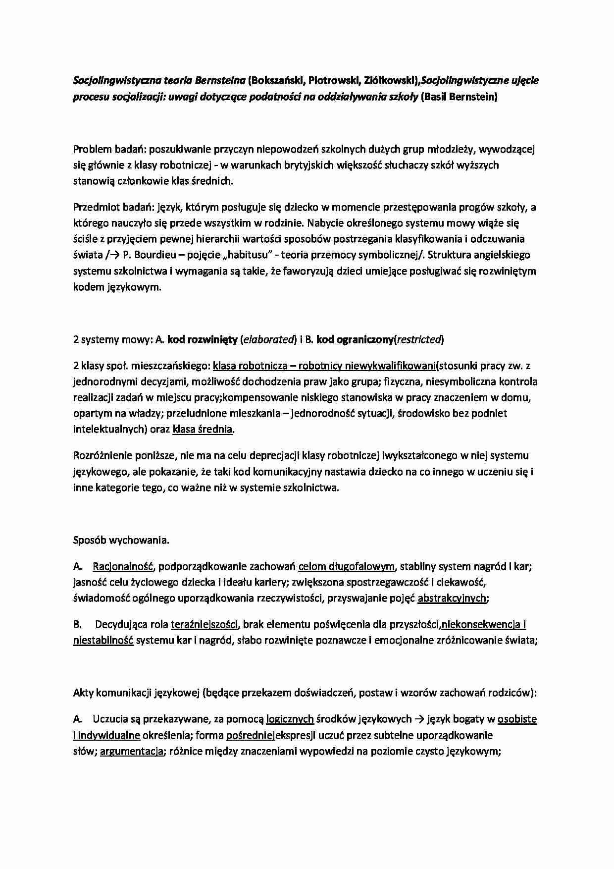 Socjolingwistyczna teoria Bernstaina - strona 1