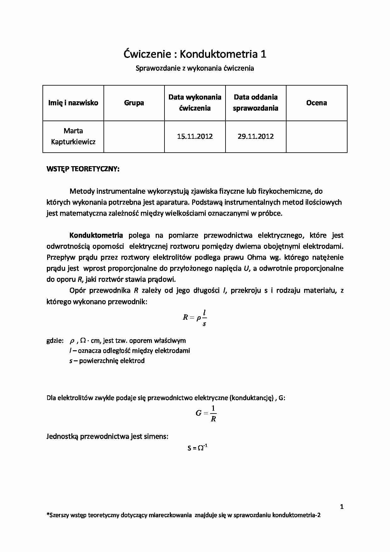 Konduktometria I i II Sprawozdanie - strona 1