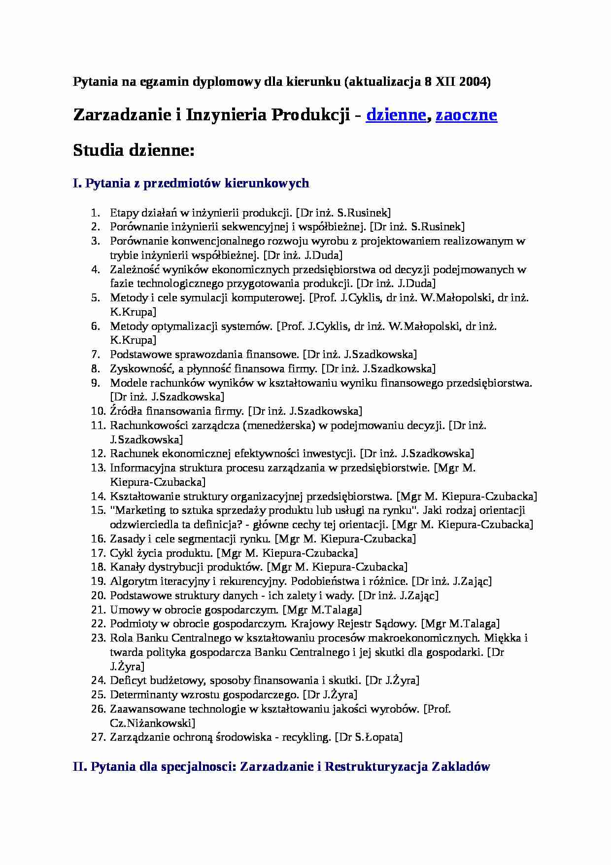 Pytania na egzamin dyplomowy dla kierunku Zarządzanie i Inżynieria Produktów - strona 1