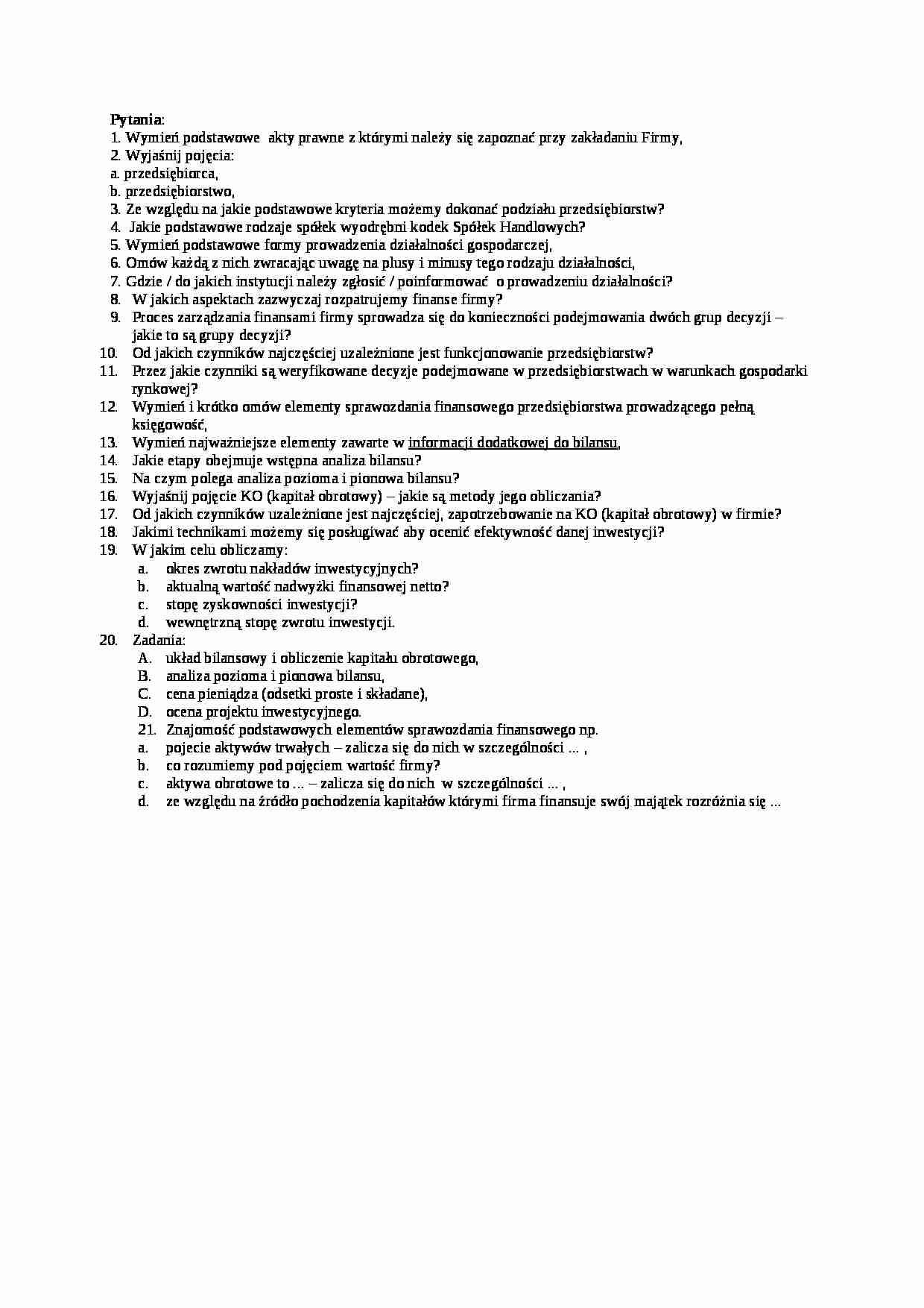 Finanse przedsiębiorstw - pytania - strona 1