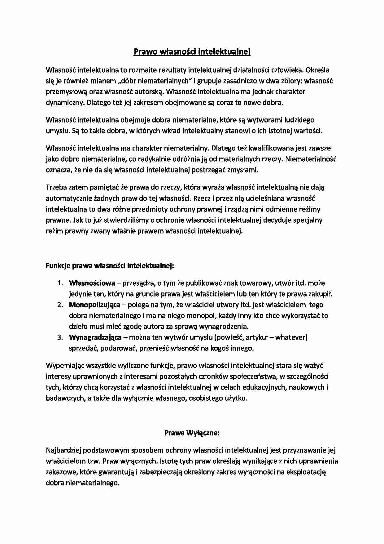 Prawo Własności Intelektualnej - Prawo wyłączne - strona 1