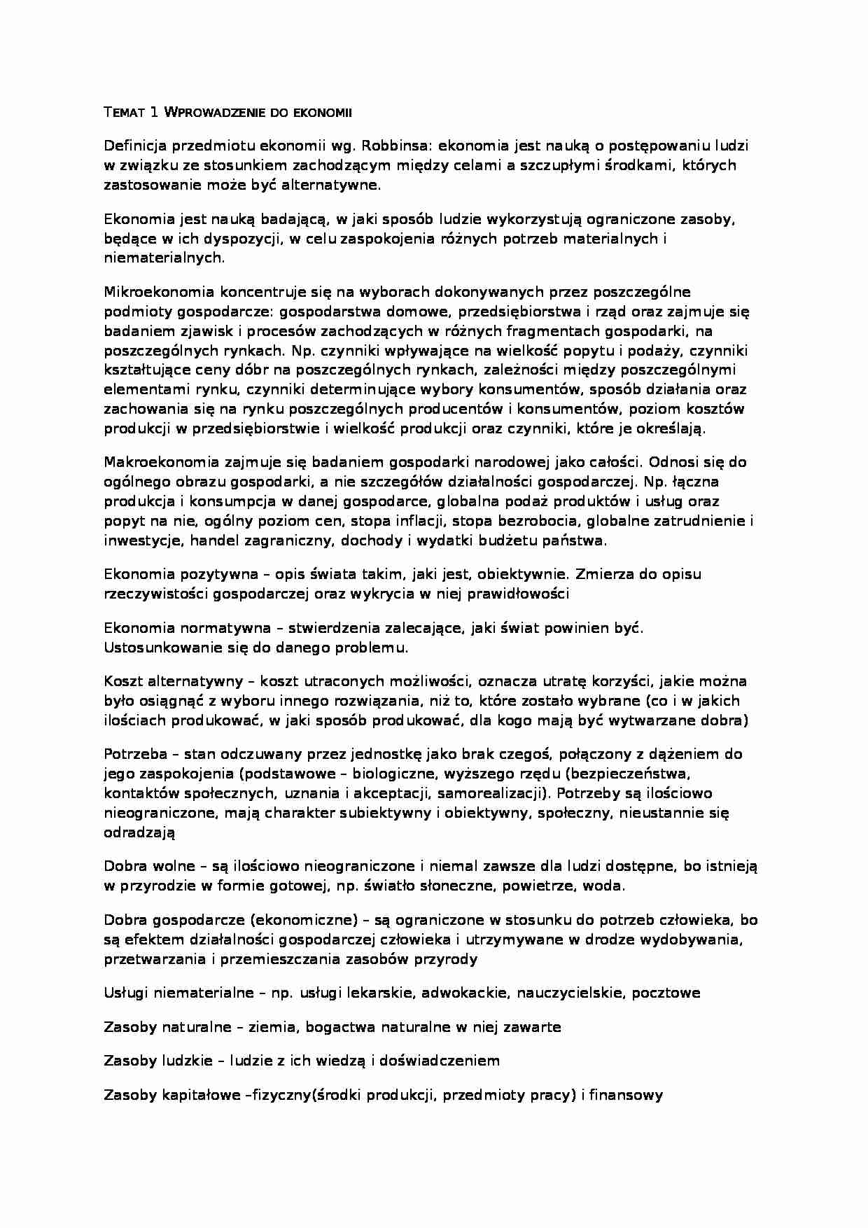 Mikroekonomia - notatki do kolokwium - definicje - strona 1