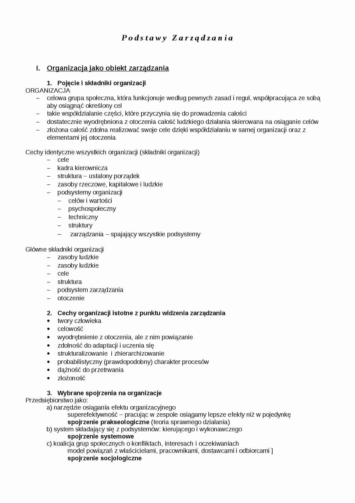 Podstawy zarządzania - wykłady - organizacja - strona 1