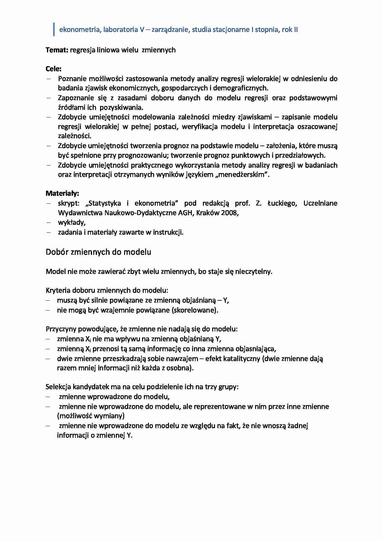 Ekonometria - laboratoria 5 regresja liniowa  - strona 1