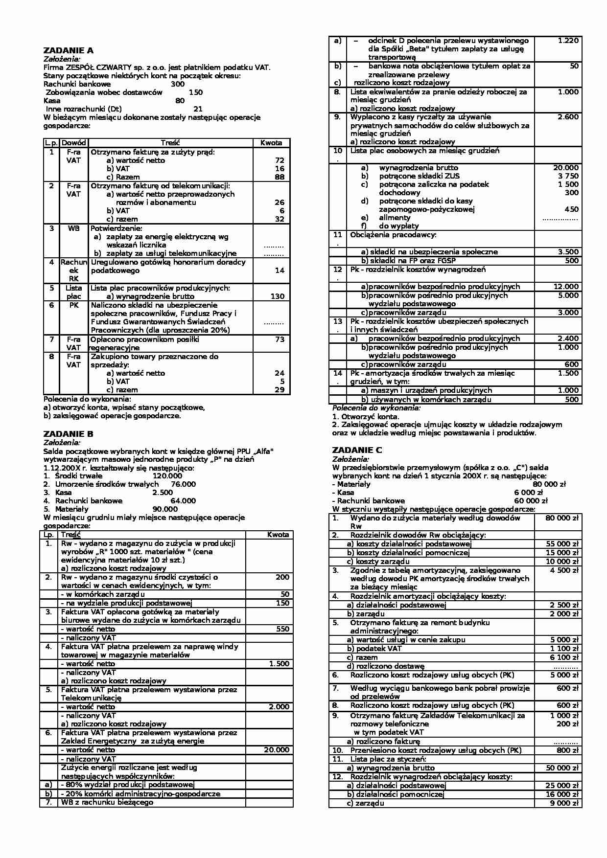 Rachunkowość - zadania z kosztów - strona 1