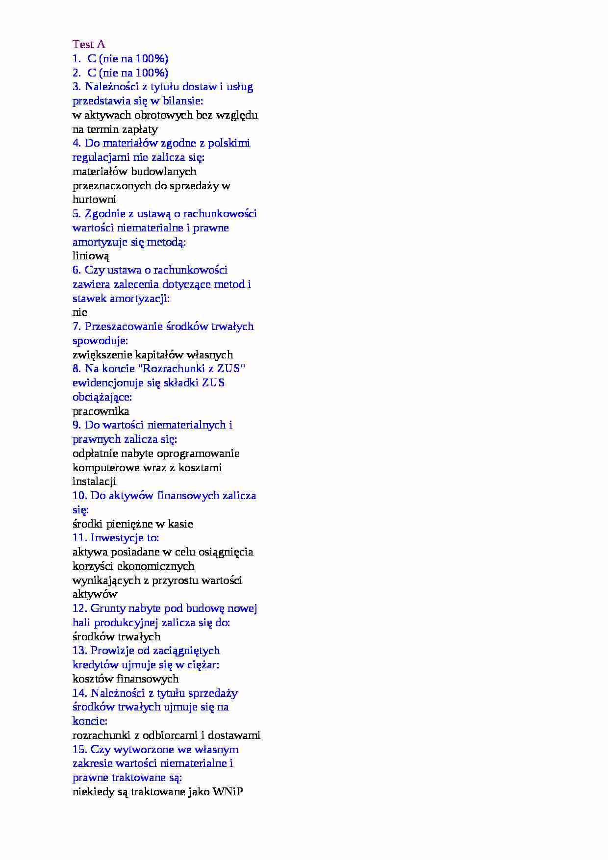 Rachunkowość - test A - strona 1