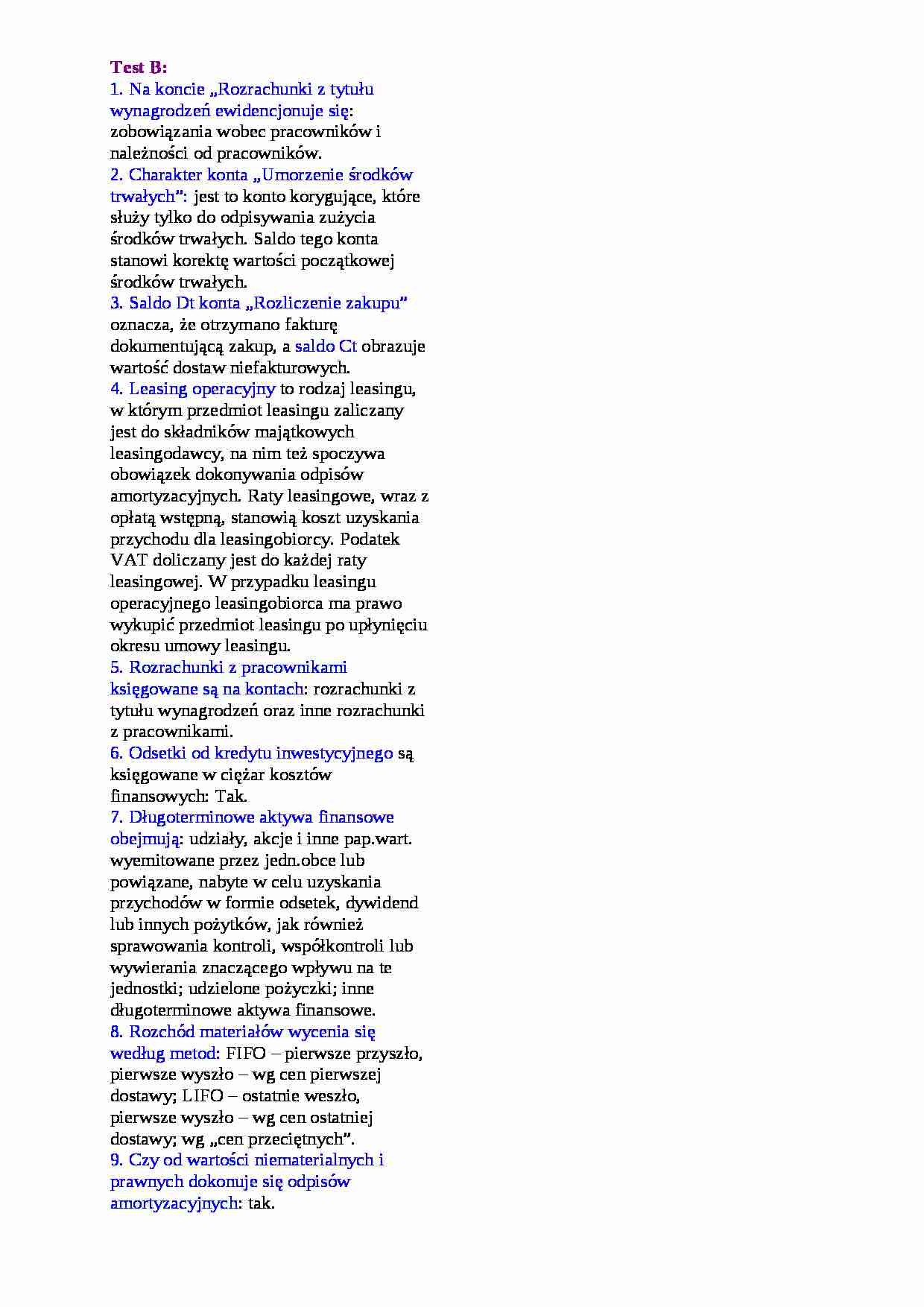 Rachunkowość - test B - strona 1