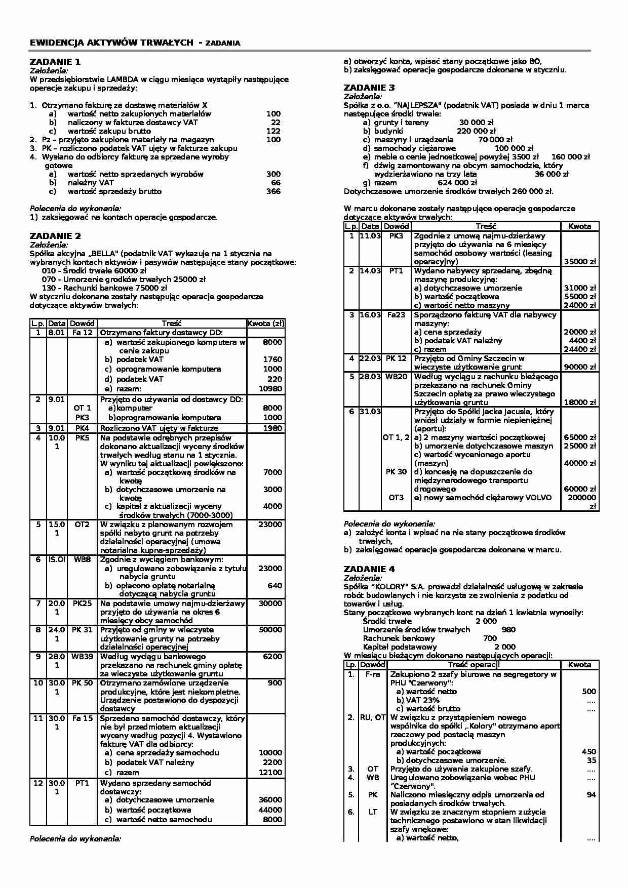 Rachunkowość - zadania (środki trwałe) - strona 1