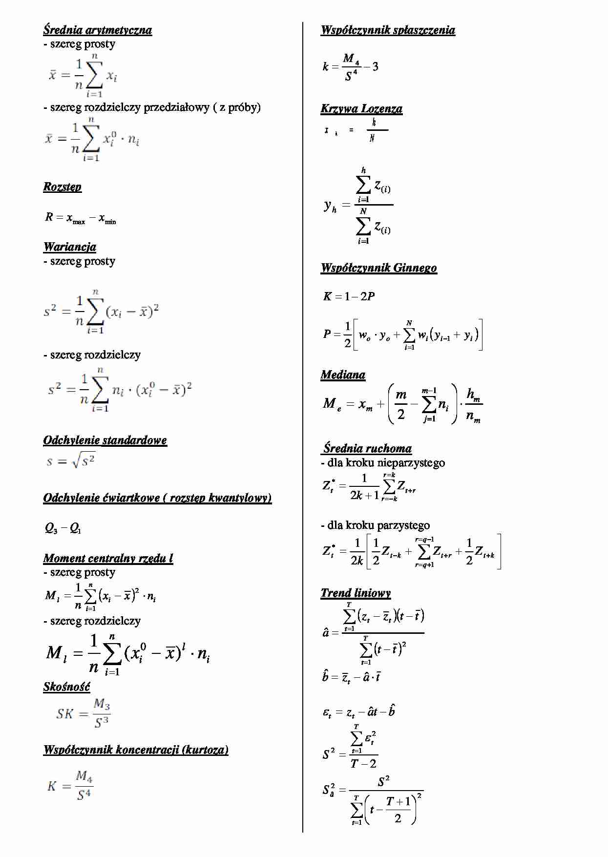 Statystyka - wzory na egzamin - strona 1