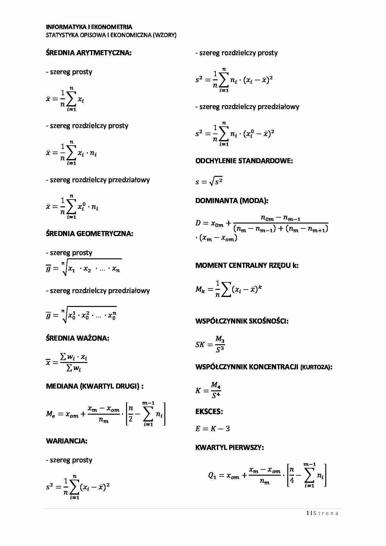 Statystyka - wzory na egzamin - strona 1