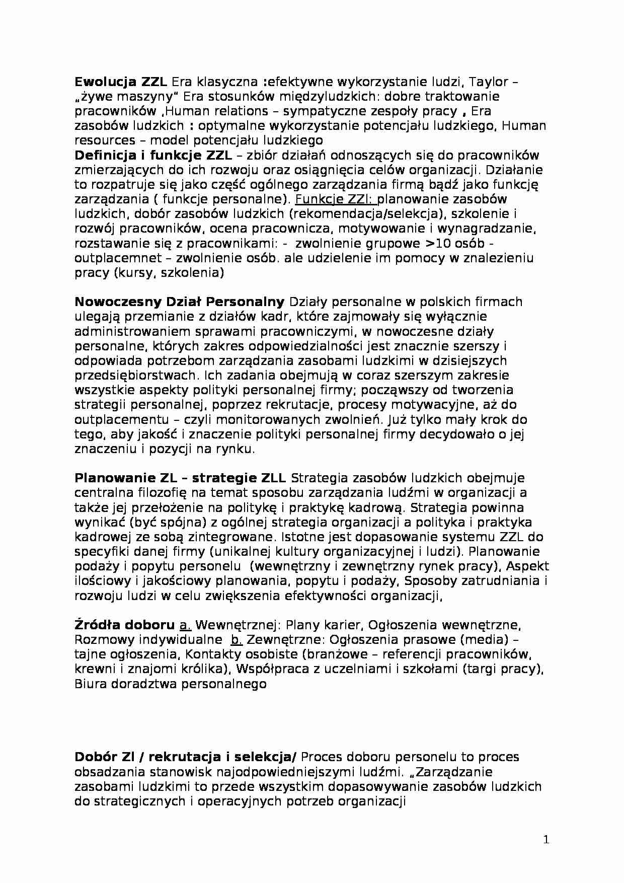Zarządzanie zasobami ludzkimi - materiały na egzamin - strona 1