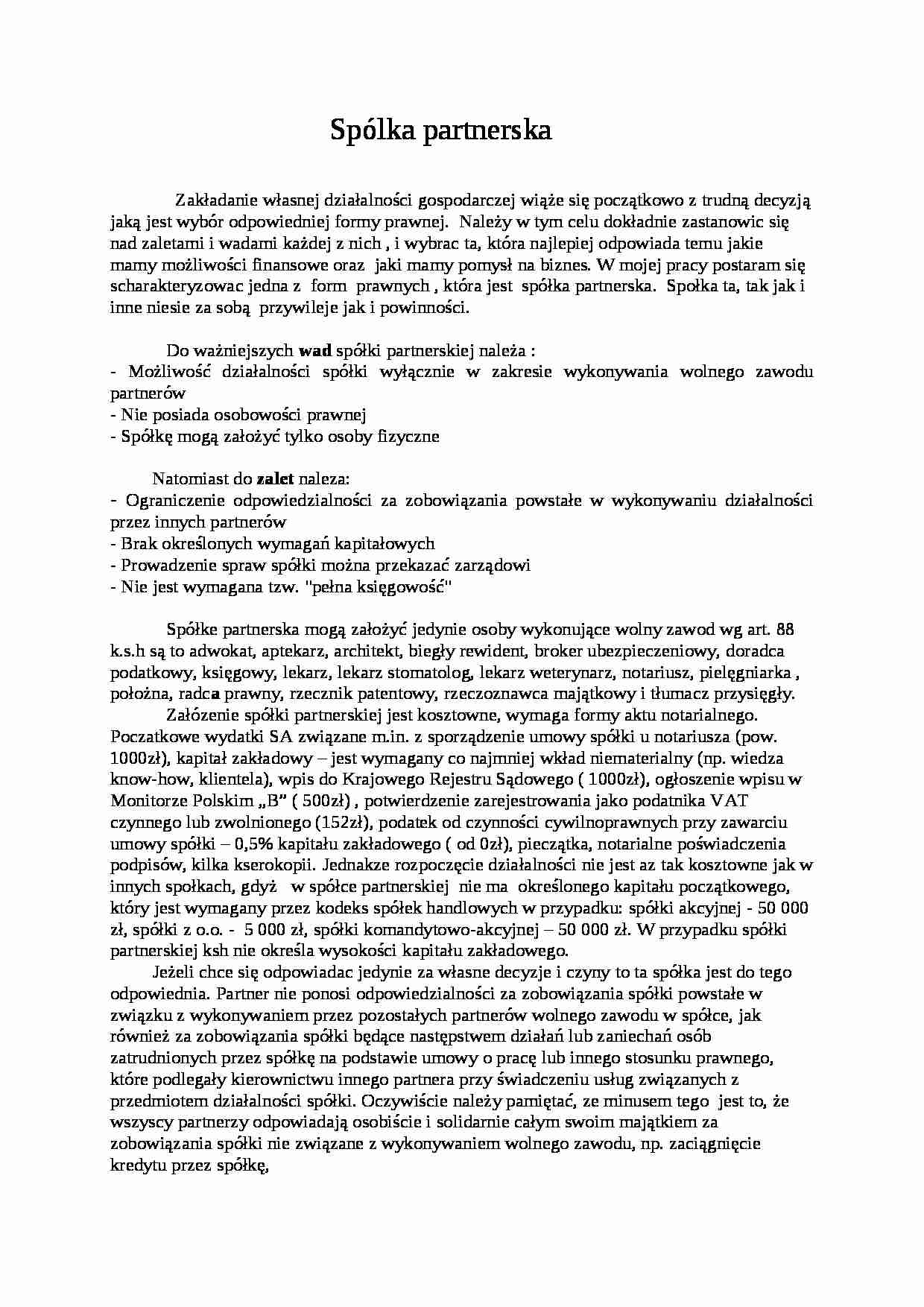 Spółka partnerska - referat 2 - strona 1