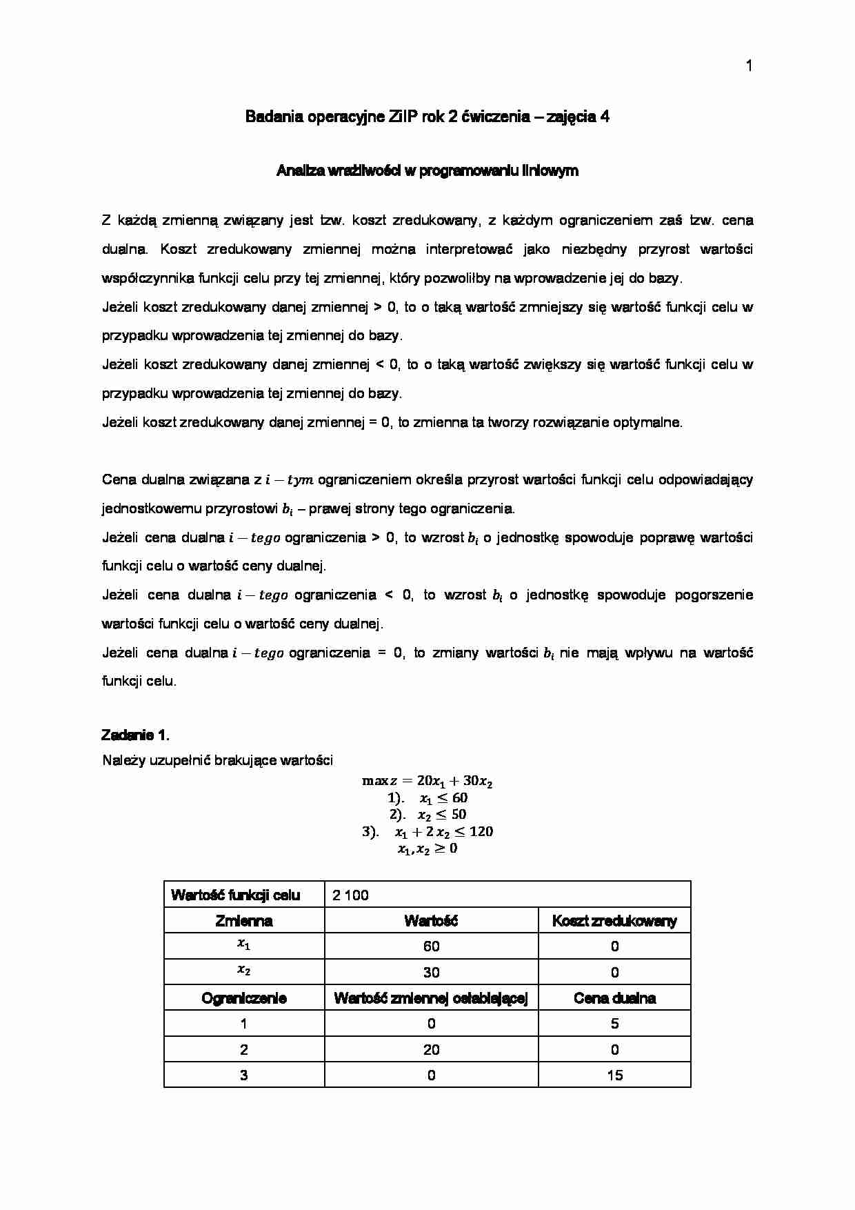 Analiza wrażliwości w programowaniu liniowym - strona 1