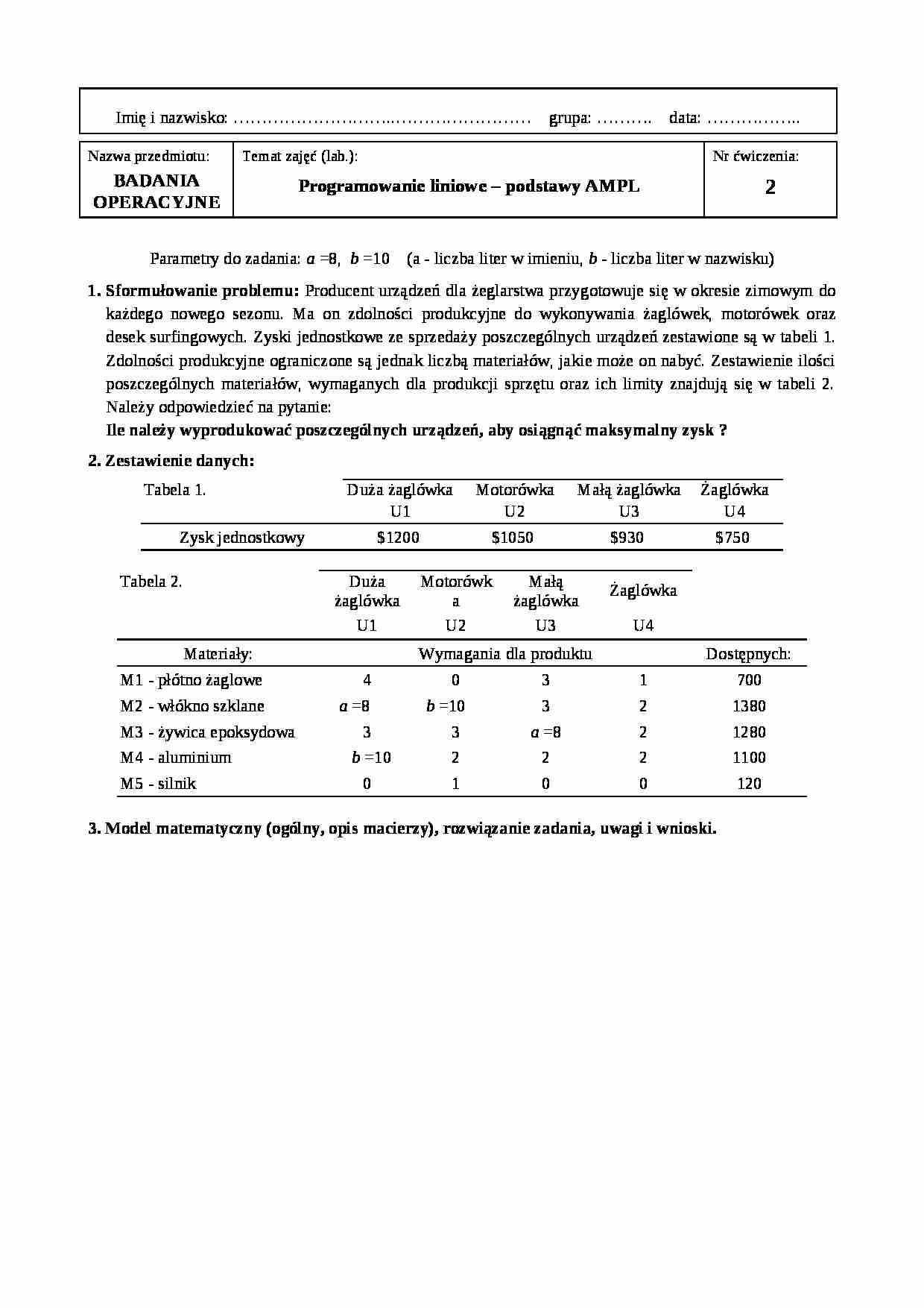 Badania operacyjne - sprawozdanie nr 2  - strona 1