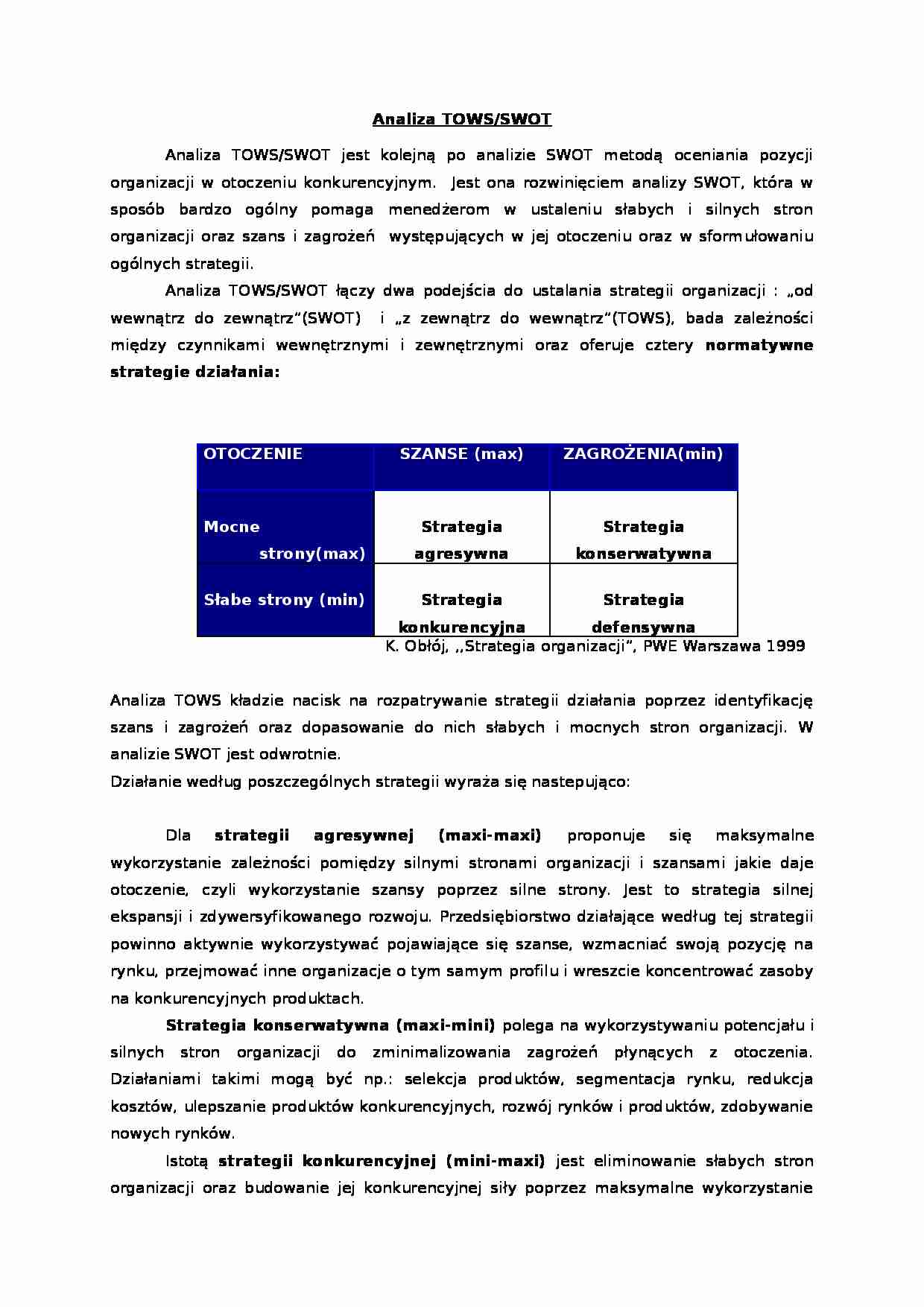 Analiza SWOT i TOWS - Konkurencja - strona 1