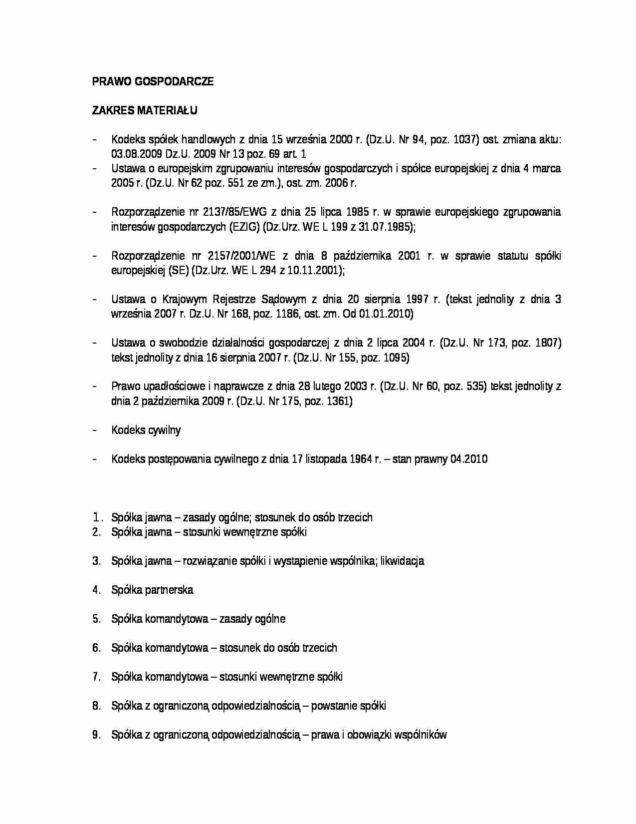 Prawo gospodarcze - zakres materiału - strona 1