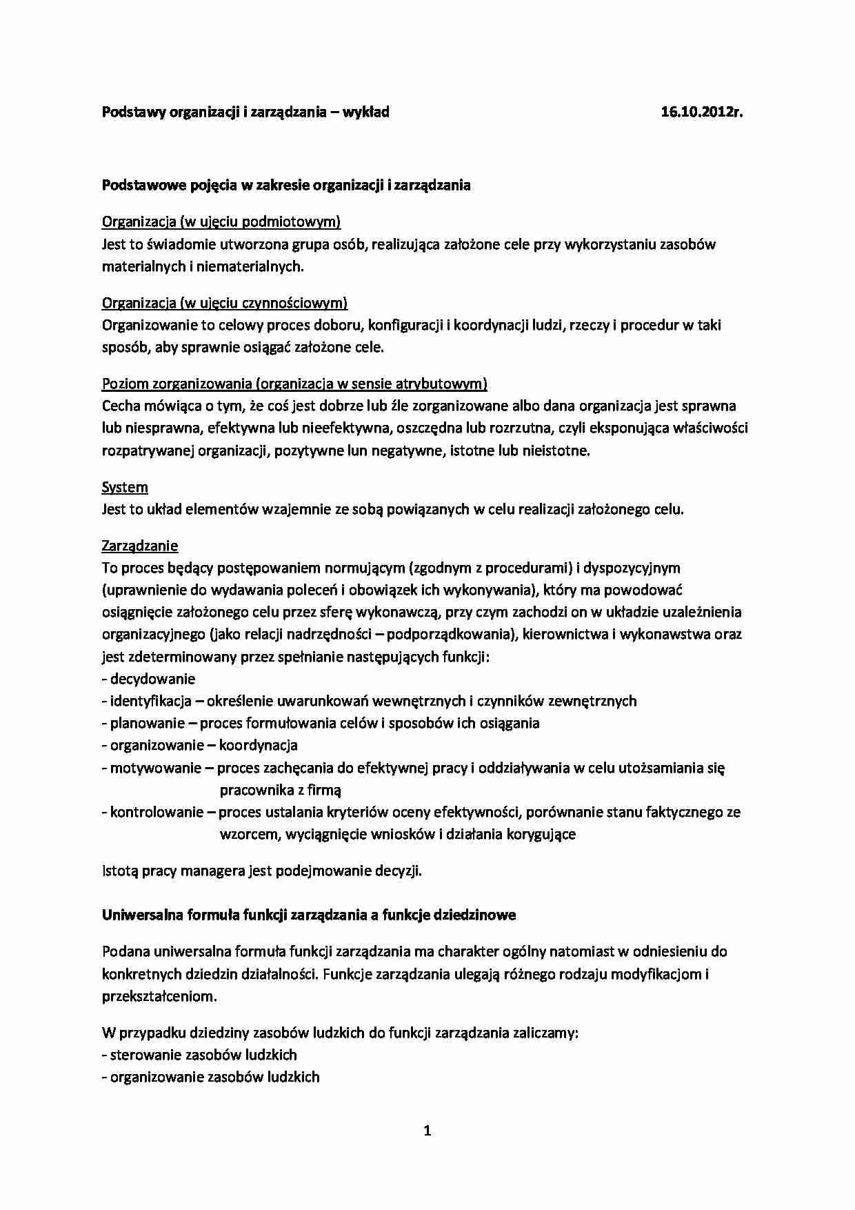 podstawy zarzadzania i organizacji wykład 1 - strona 1