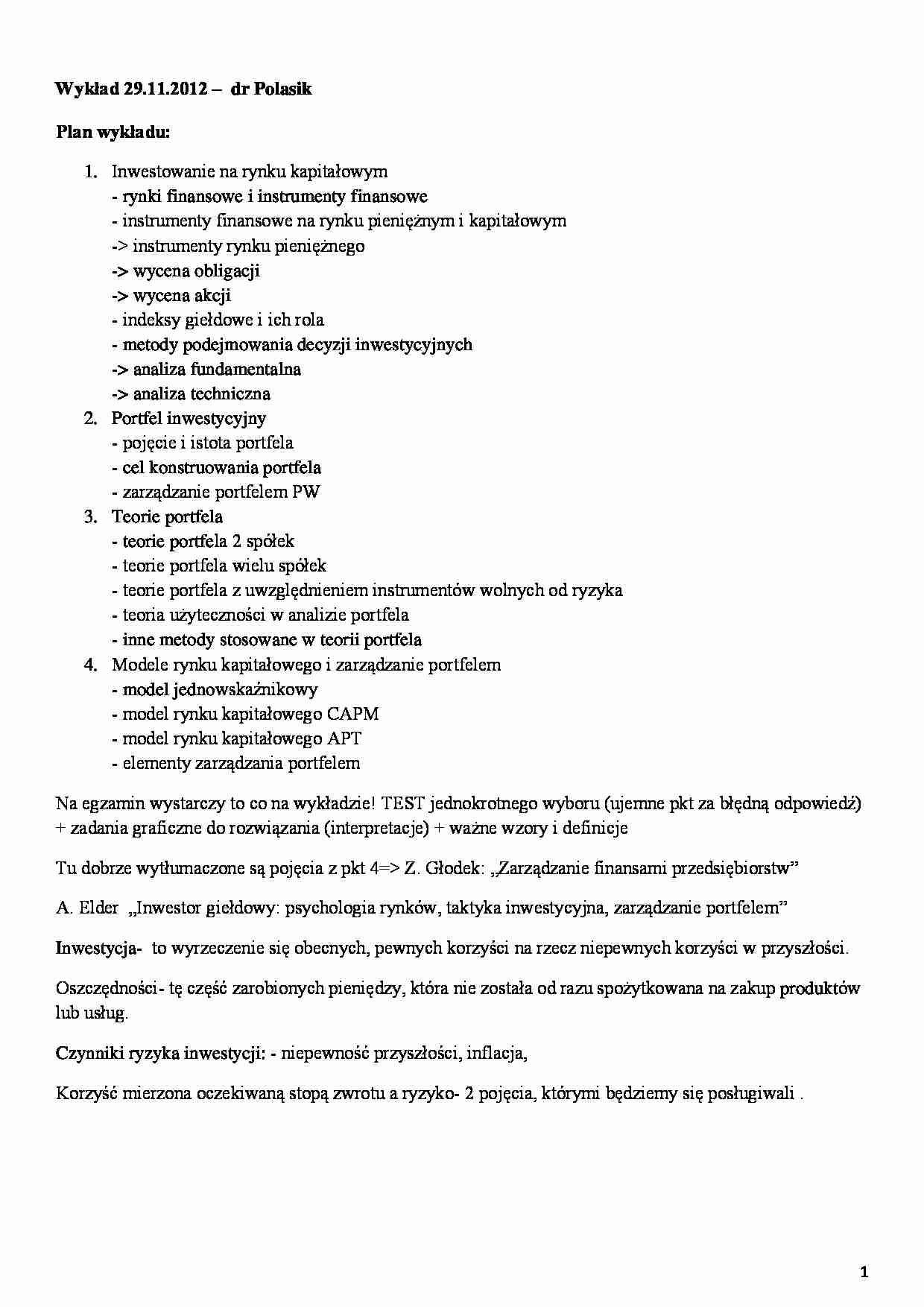 Zarządzanie portfelem inwestycyjnym - dr Polasik - strona 1