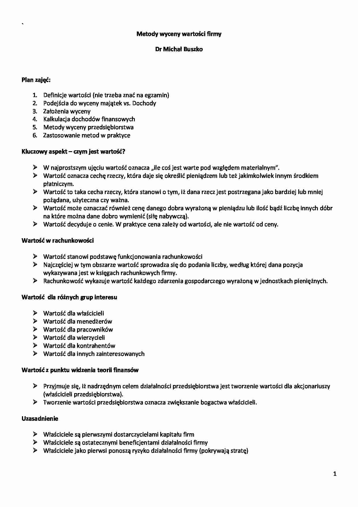 Wykład - Metody wyceny wartości firmy - dr Buszko - strona 1