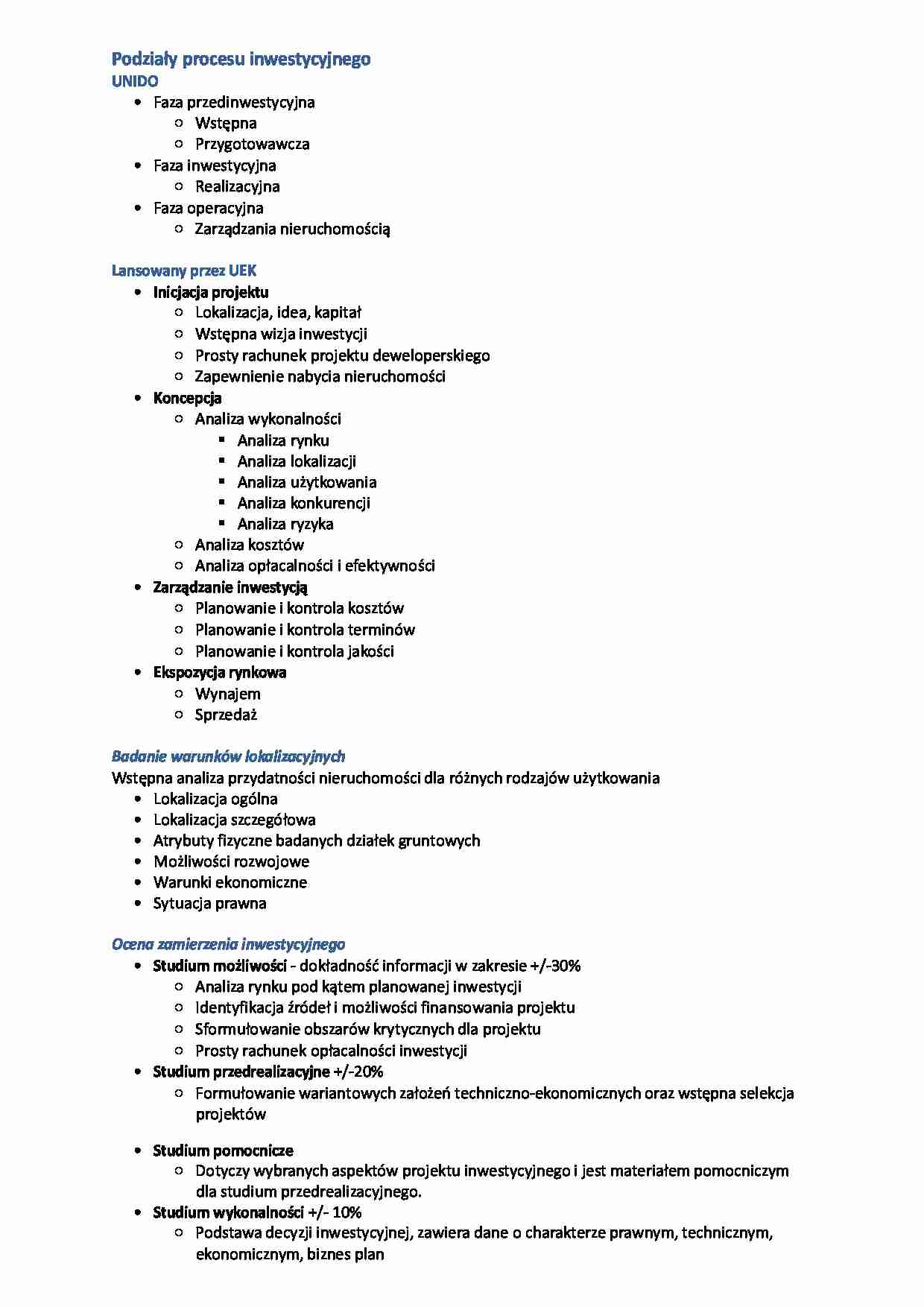 Cykl życia projektu inwestycyjnego - Podziały   procesu   inwestycyjnego UNIDO - strona 1