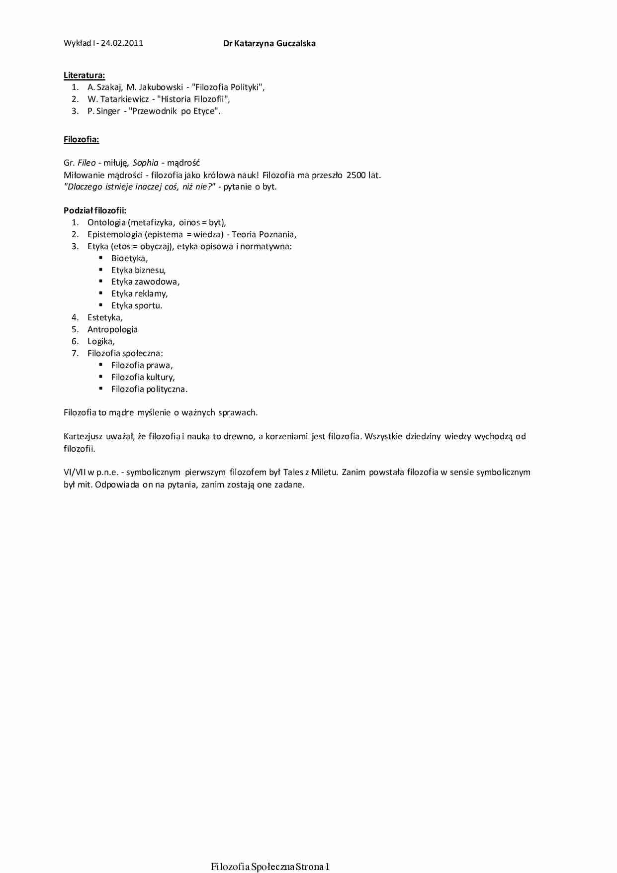 Filozofia społeczna - wykład 1 - strona 1