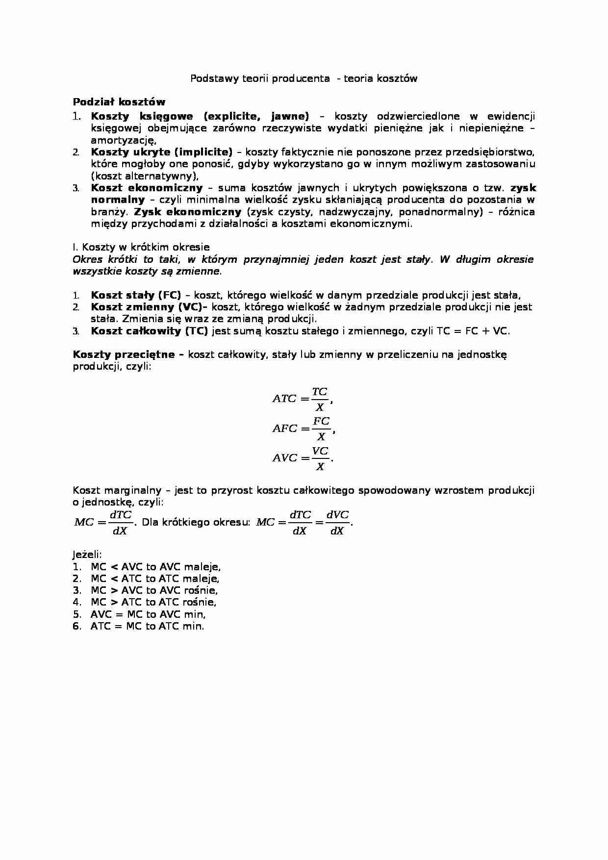 Podstawy teorii producenta- teoria kosztów - strona 1