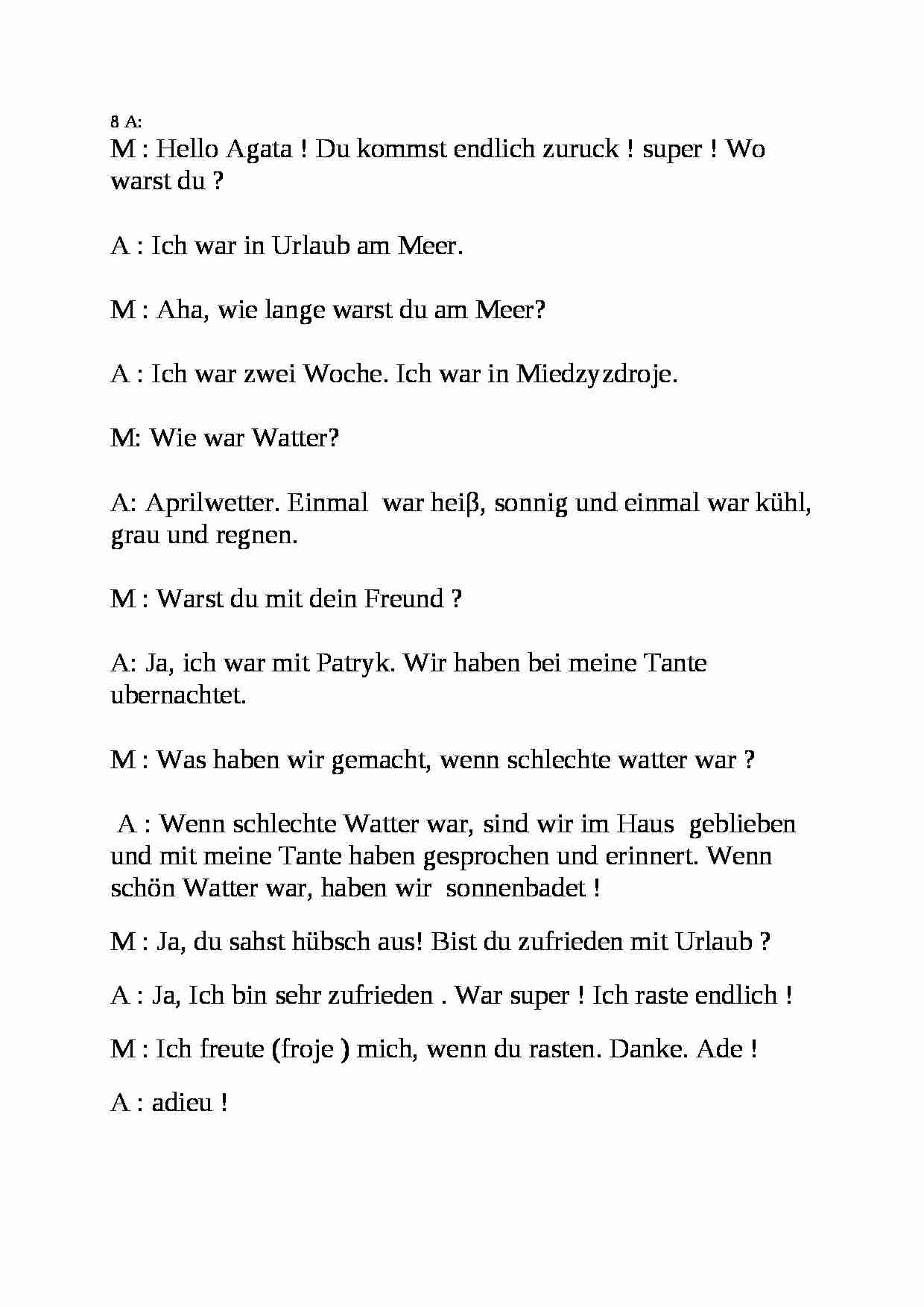 dialog- czas wolny, urlop poziom A2 - strona 1