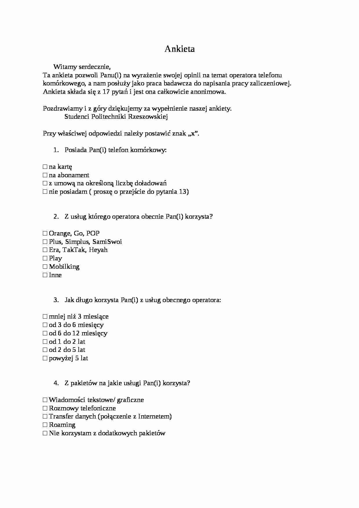 badania marketingowe ankieta - Telefon komórkowy - strona 1