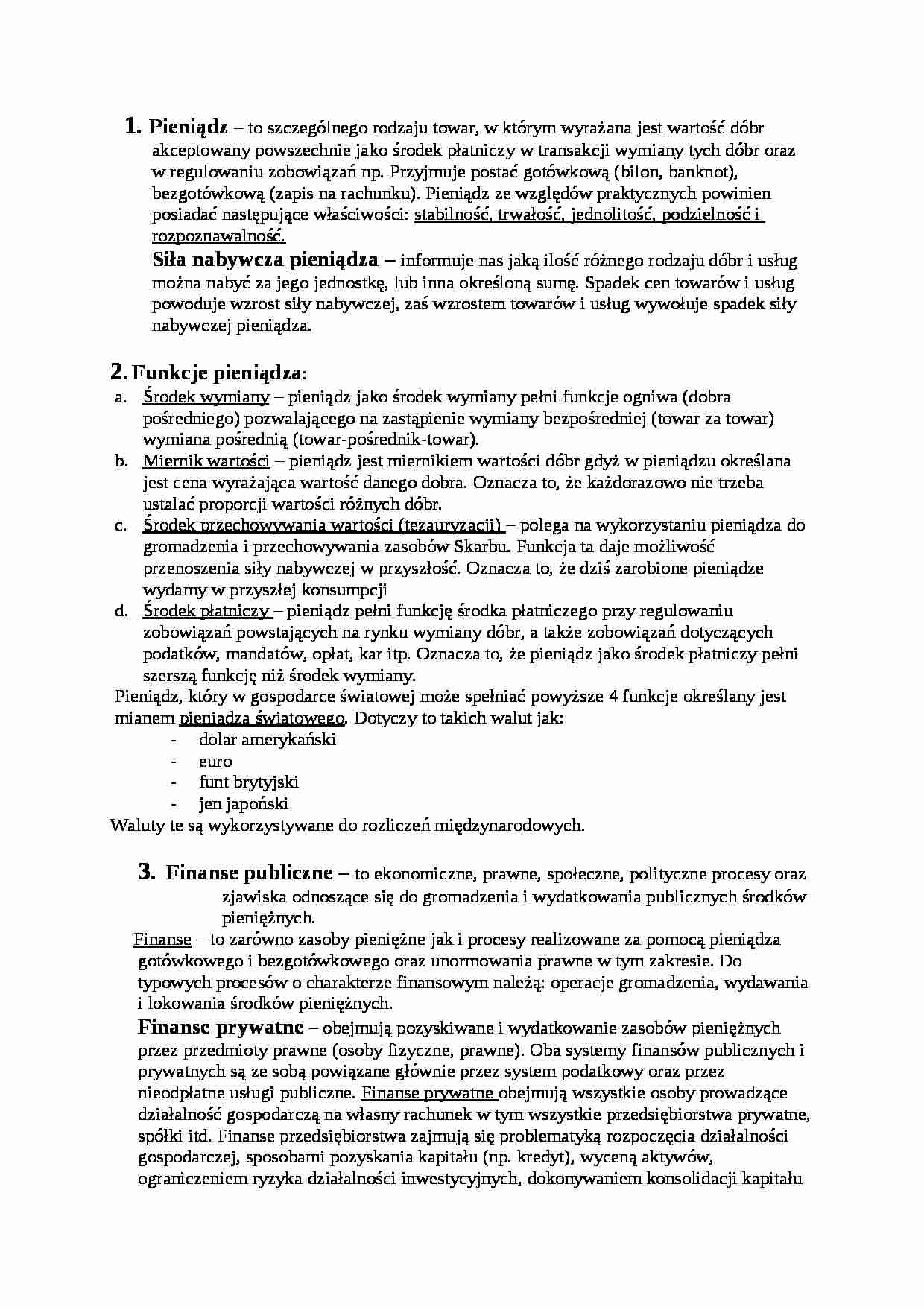Finanse. Zagadnienia do egzaminu - strona 1
