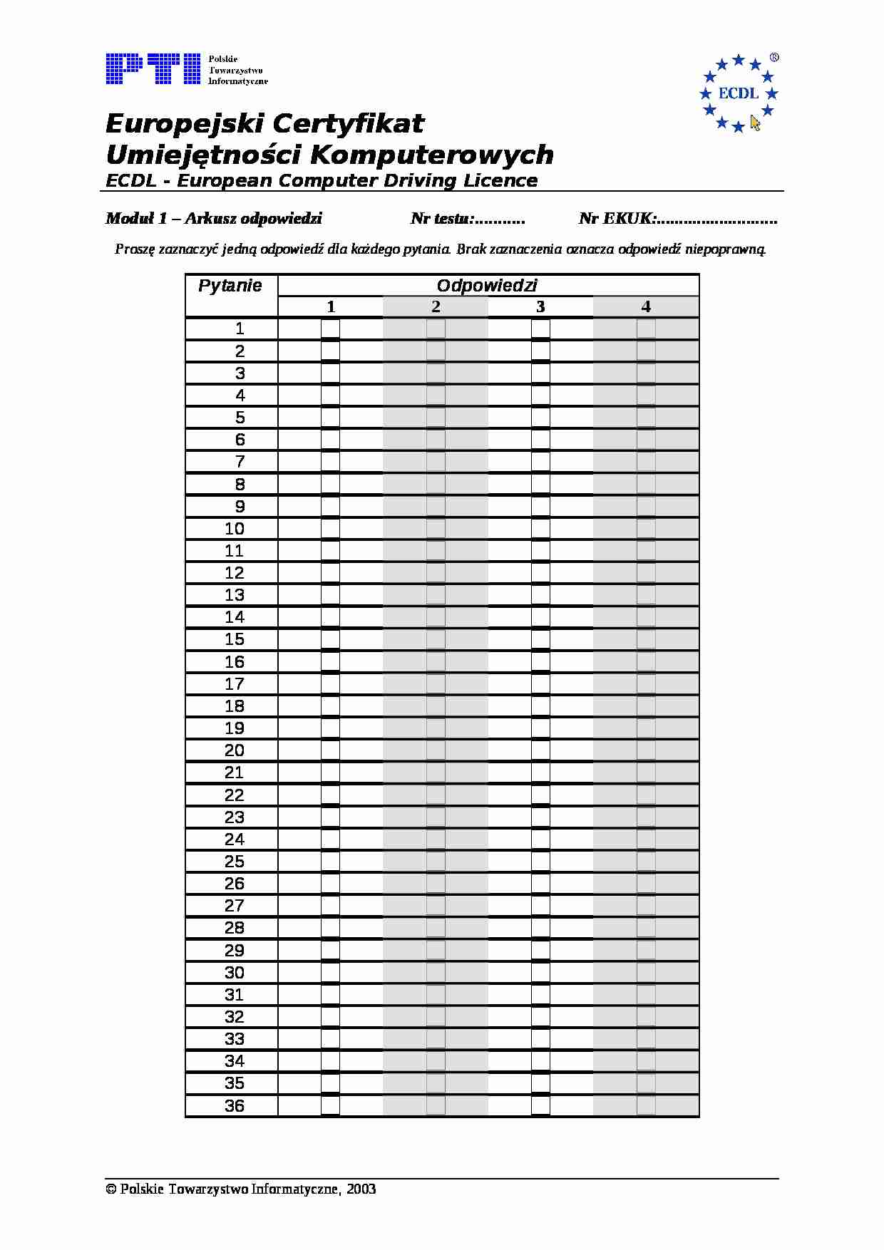 ECDL- Europejski Certyfikat Umiejętności Komputerowych moduł 1 - strona 1