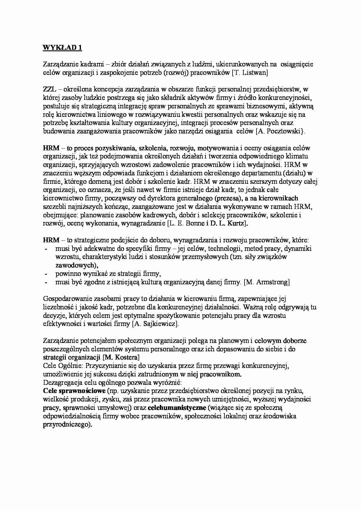 Zarządzanie zasobami ludzkimi wykład 1 - strona 1