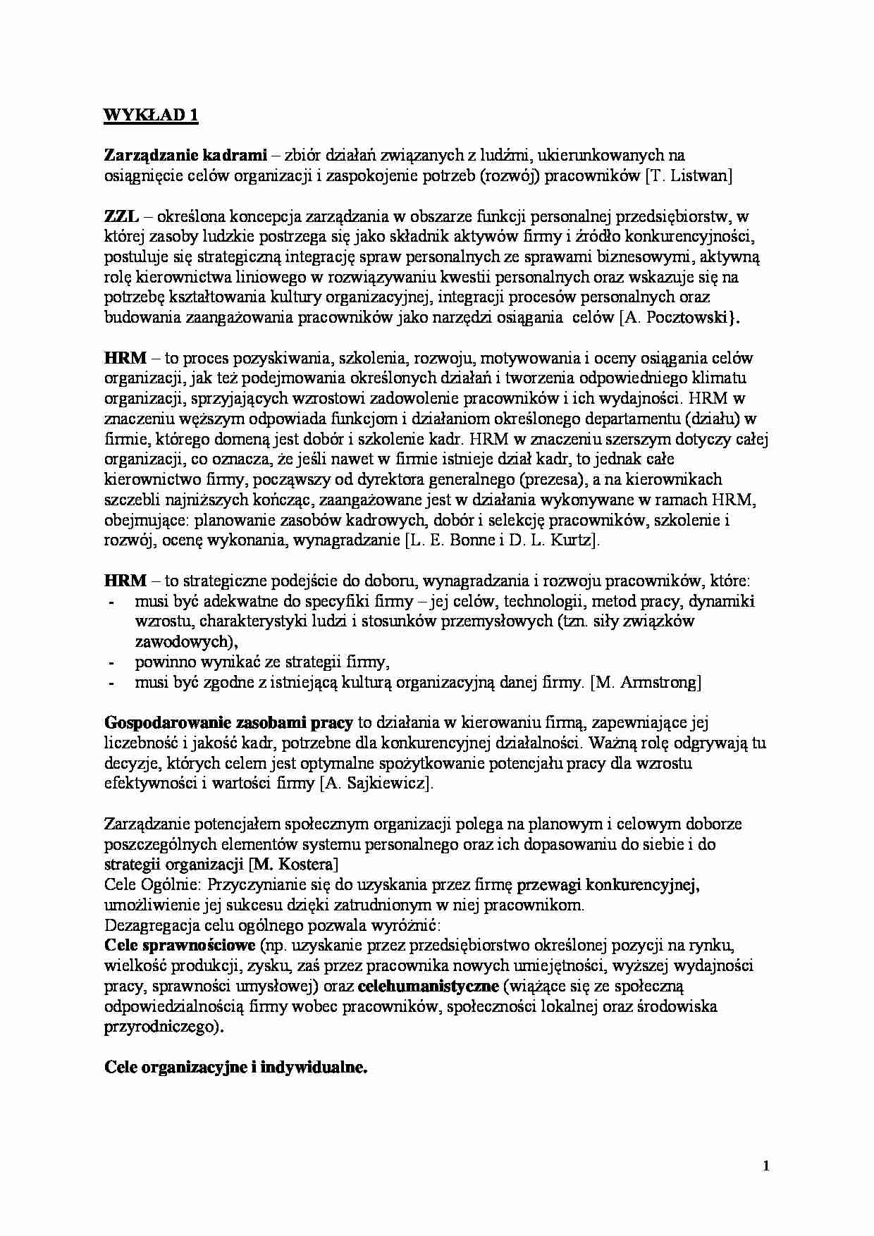 Zarządzanie zasobami ludzkimi wykład 1 - strona 1