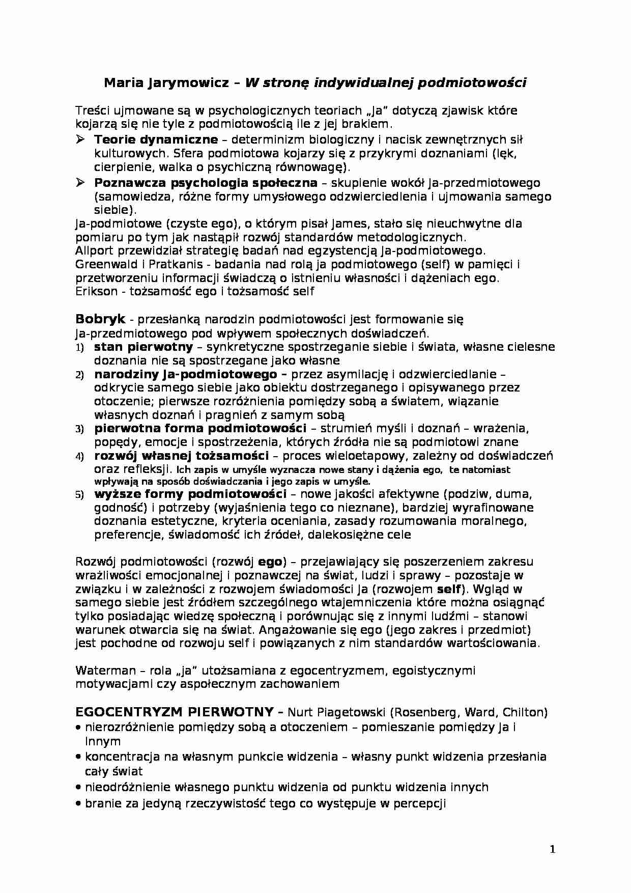 Jarymowicz- W stronę indywidualnej podmiotowości - strona 1