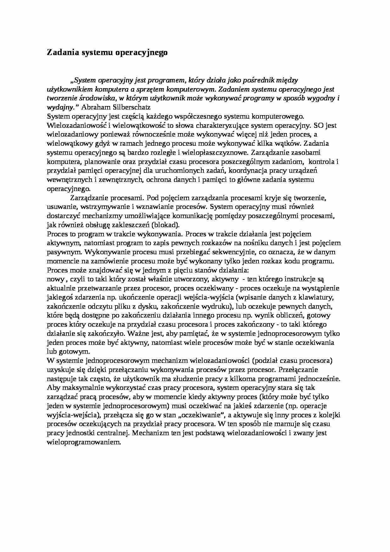 Zadania systemu operacyjnego - referat - strona 1