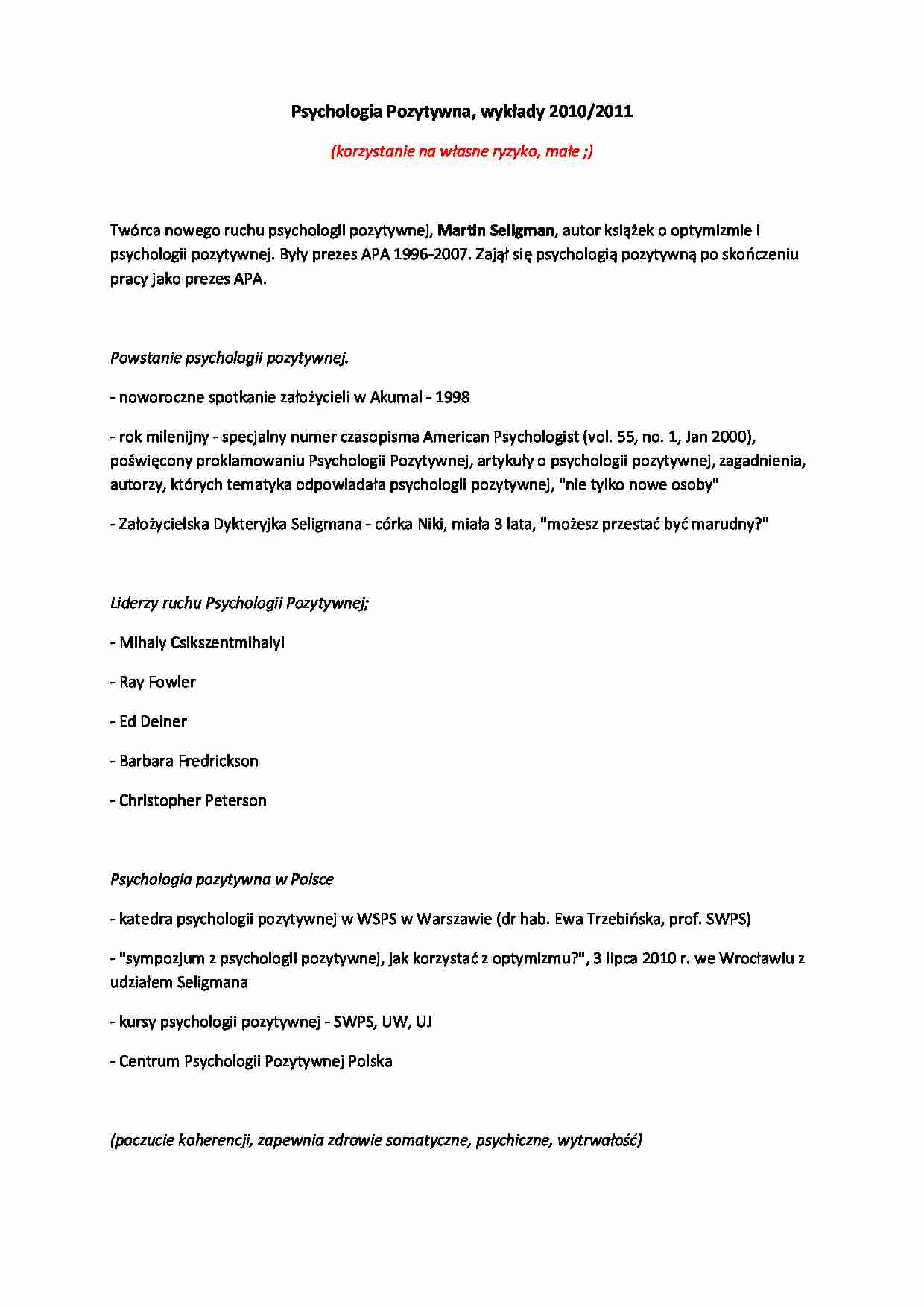 Psychologia pozytywna wykłady - strona 1