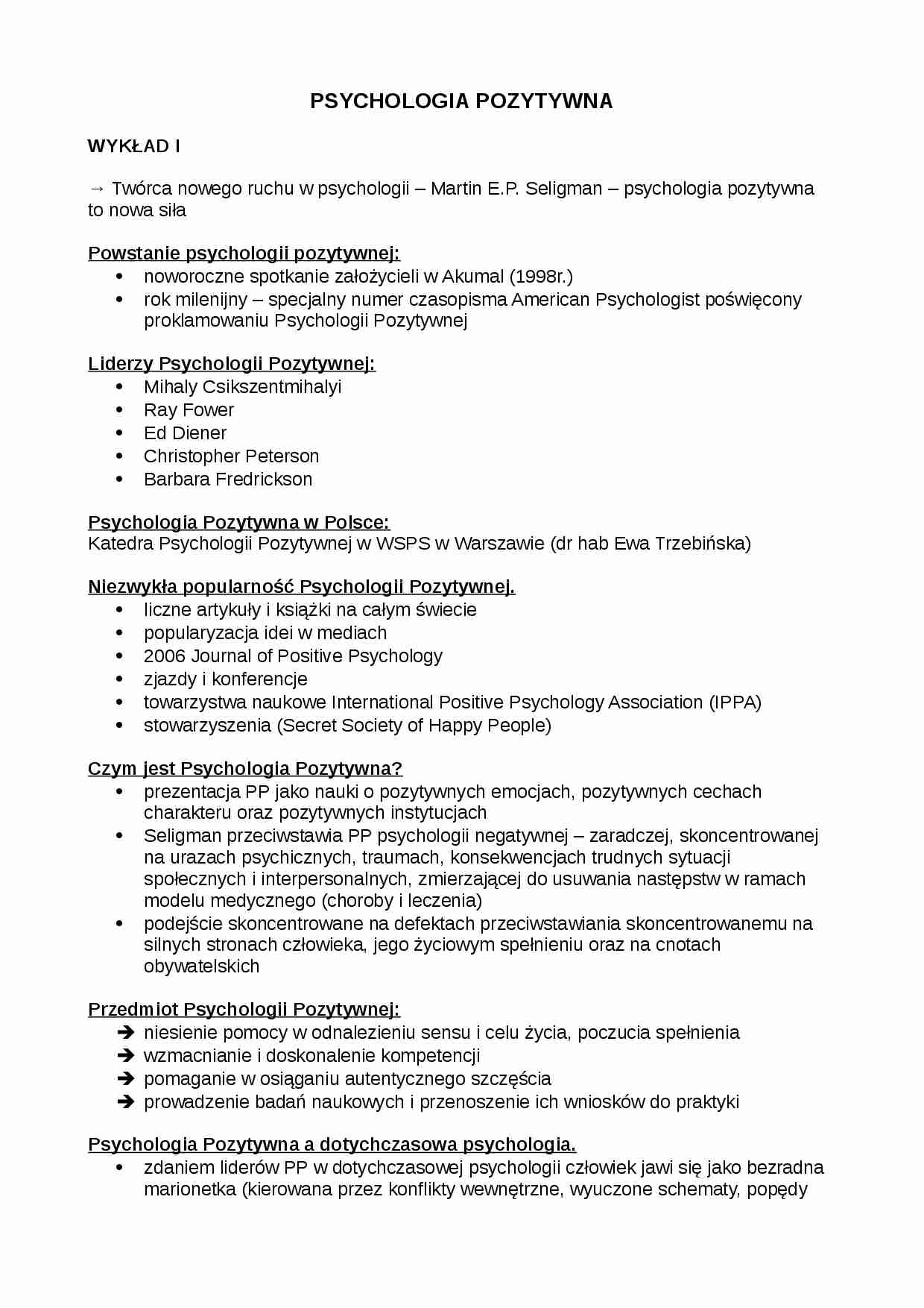 Psychologia pozytywna- Notatki z wykładów  - strona 1
