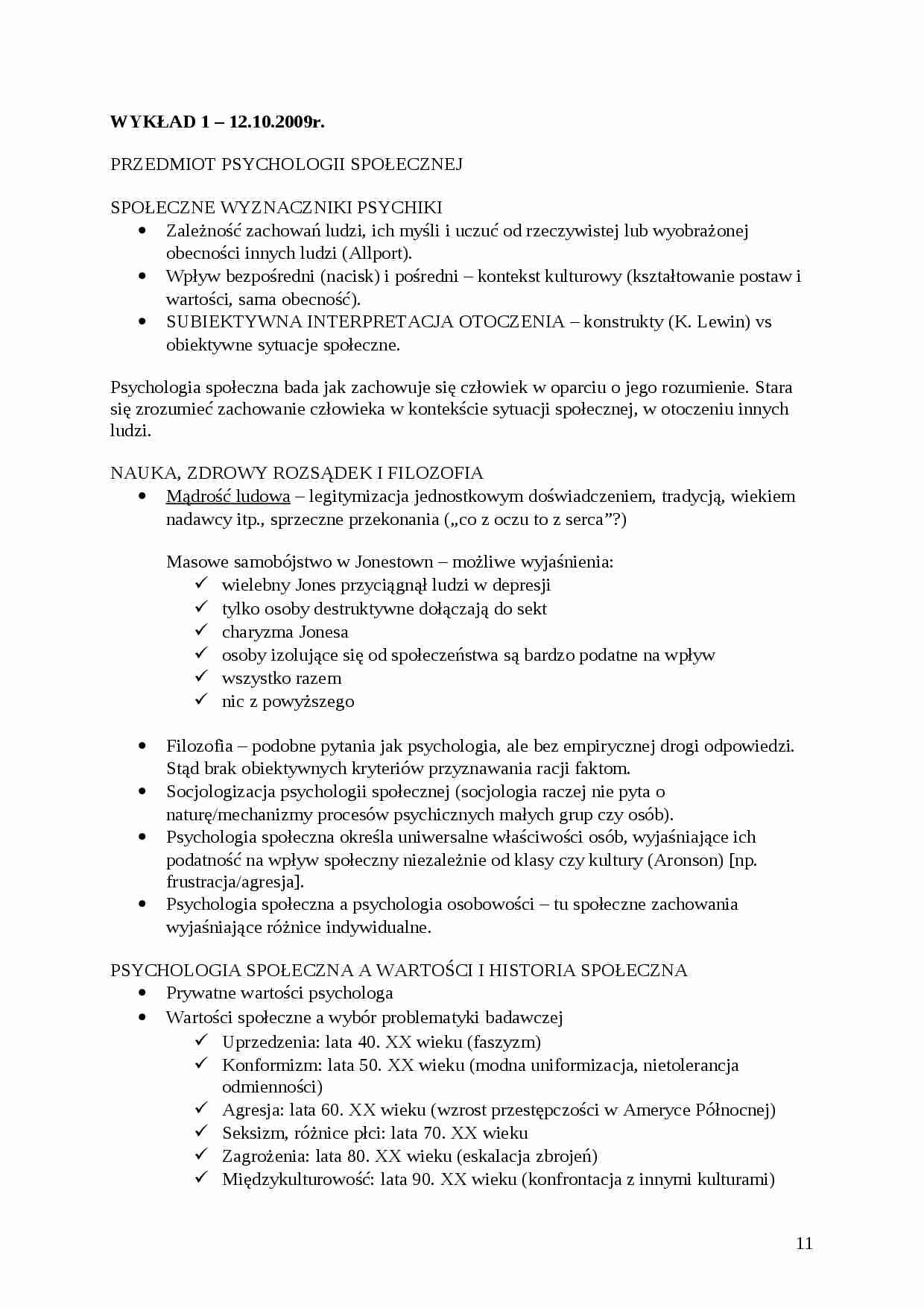 Przedmiot psychologii społecznej - wykłady - strona 1