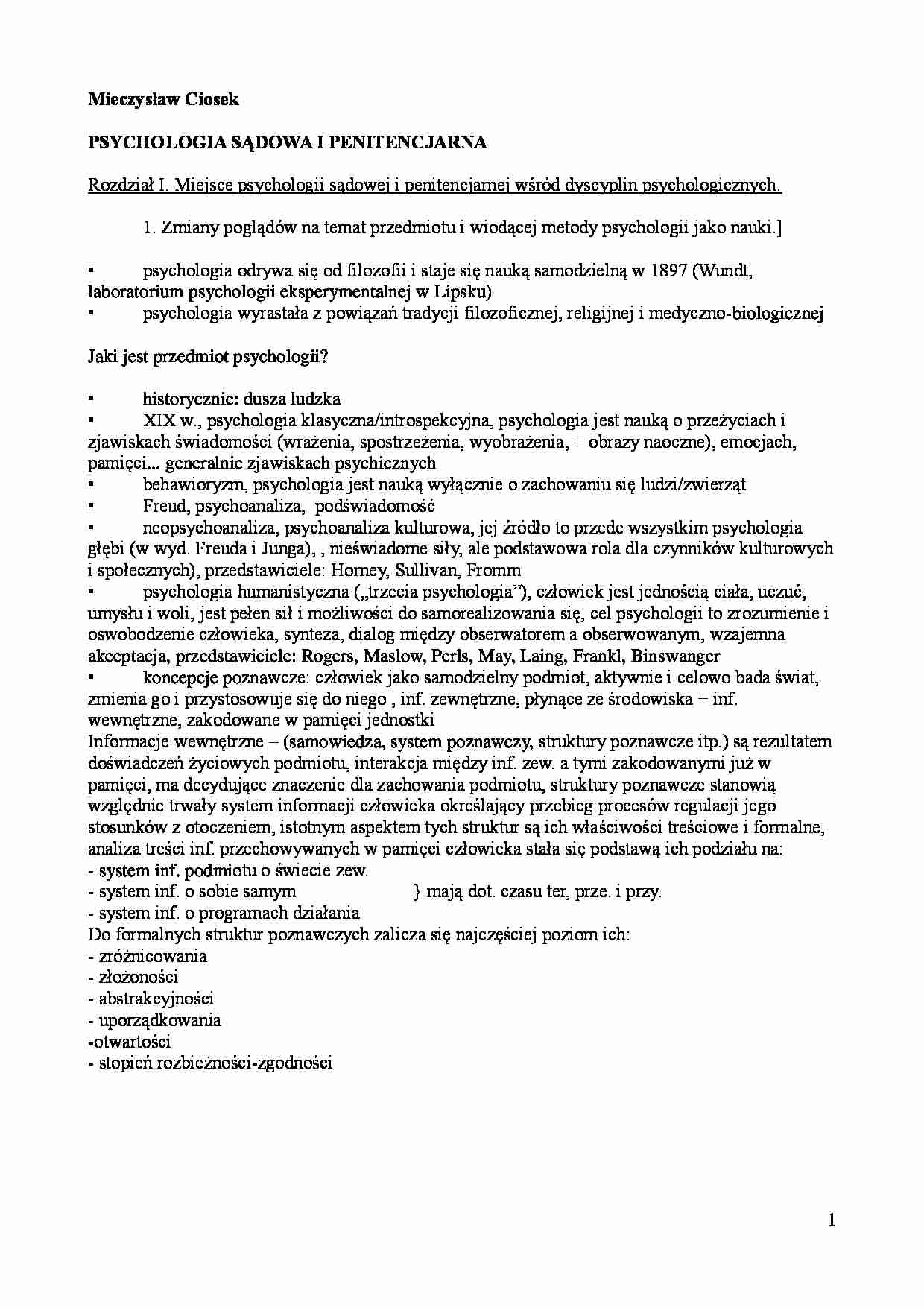 Ciosek- psychologia sądowa i penitencjarna streszczenie - strona 1
