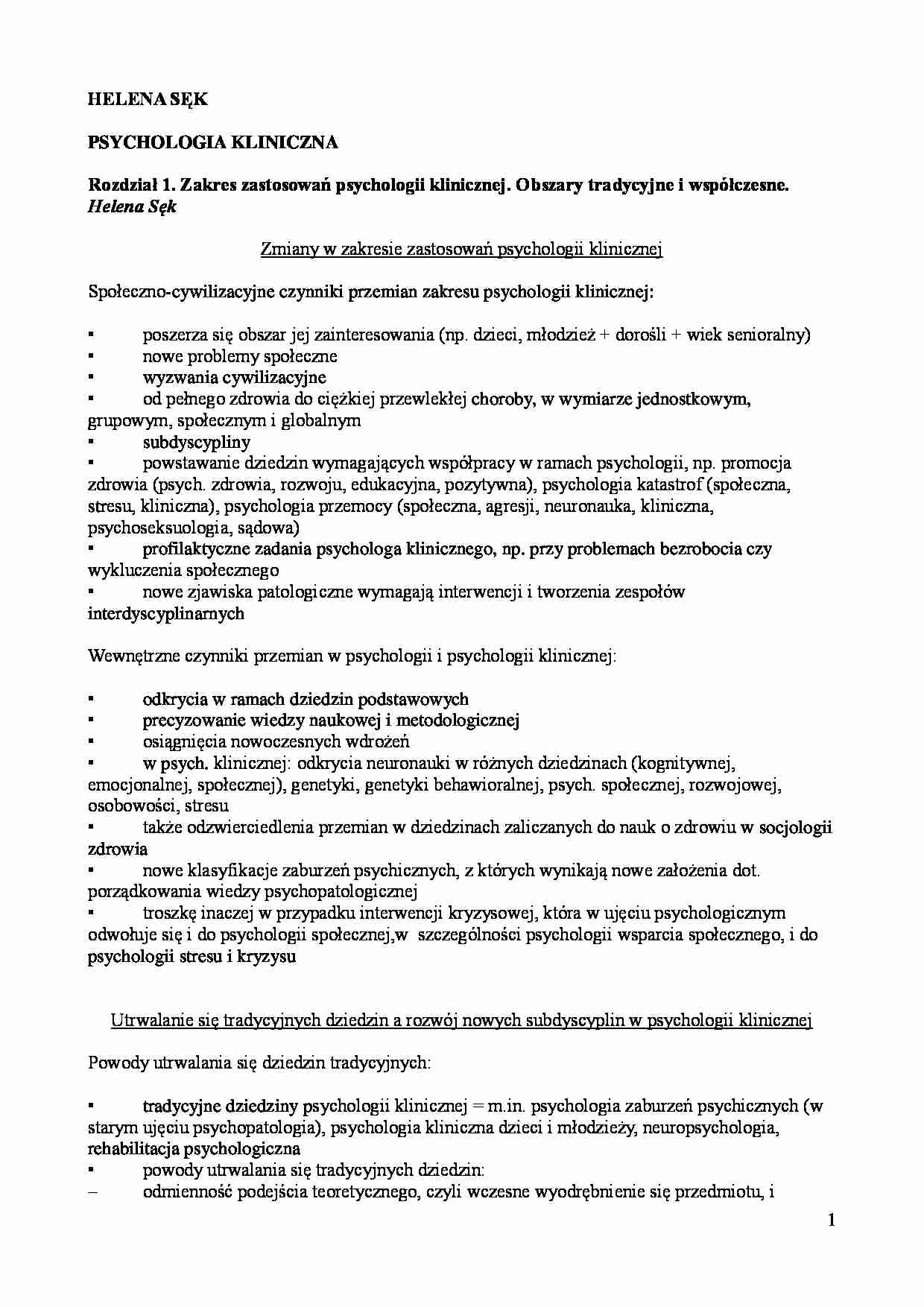 Helena Sęk - psychologia kliniczna streszczenie - strona 1
