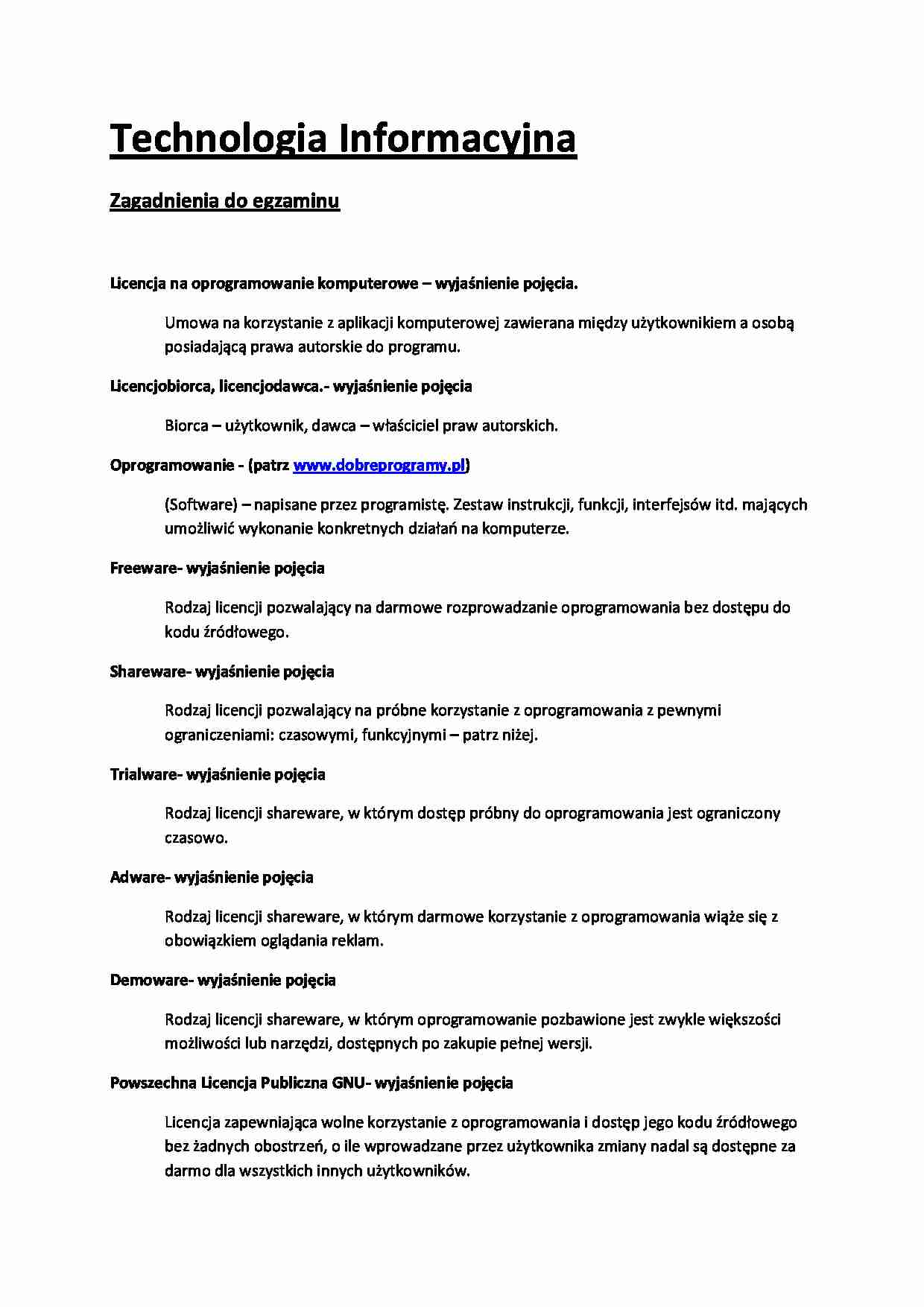 Technologie informacyjne - Zagadnienia do egzaminu - strona 1