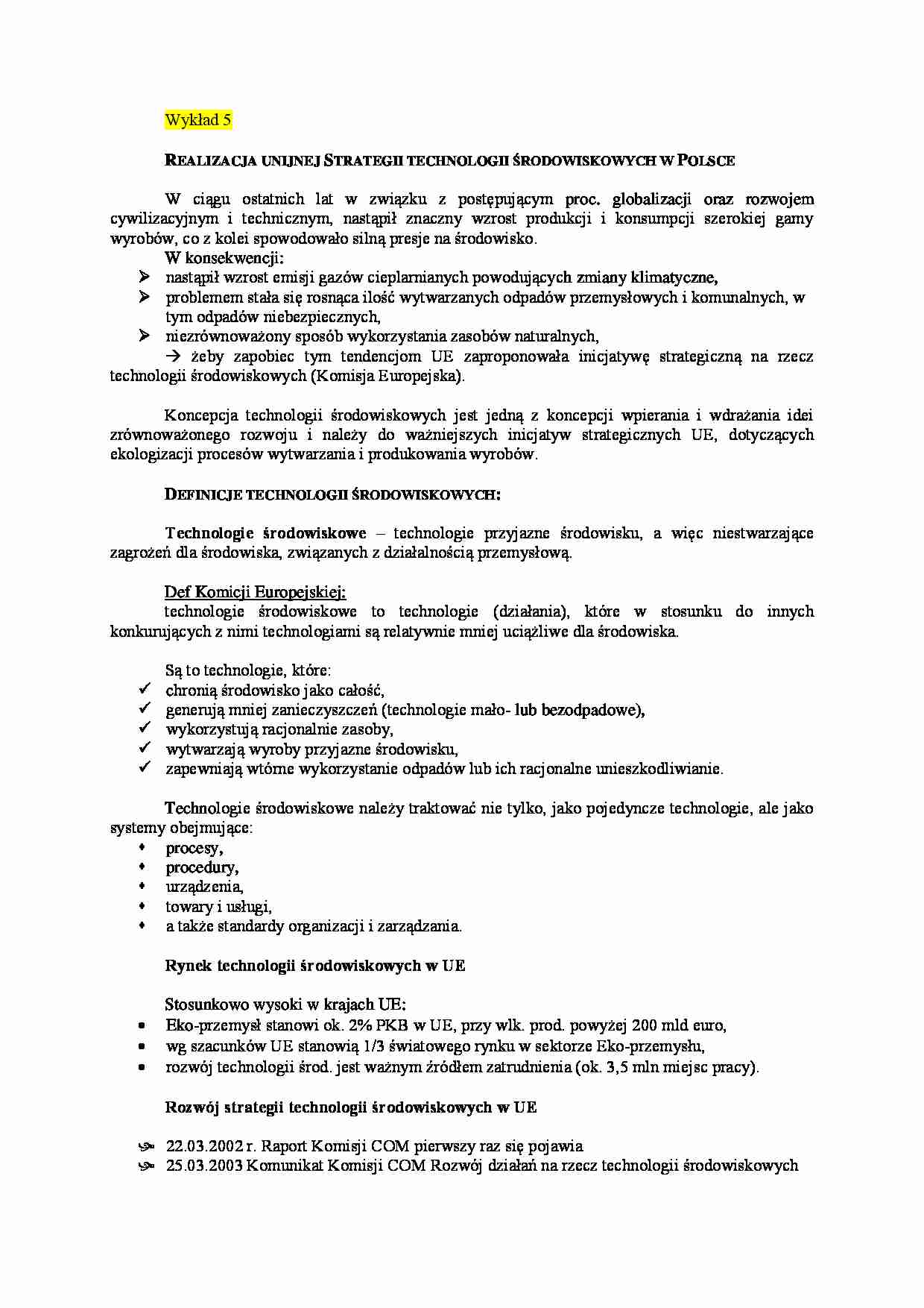 Realizacja unijnej strategii technologii środowiskowych w Polsce - strona 1