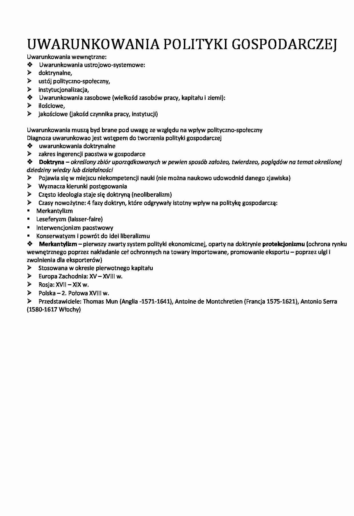 UWARUNKOWANIA POLITYKI GOSPODARCZEJ - strona 1